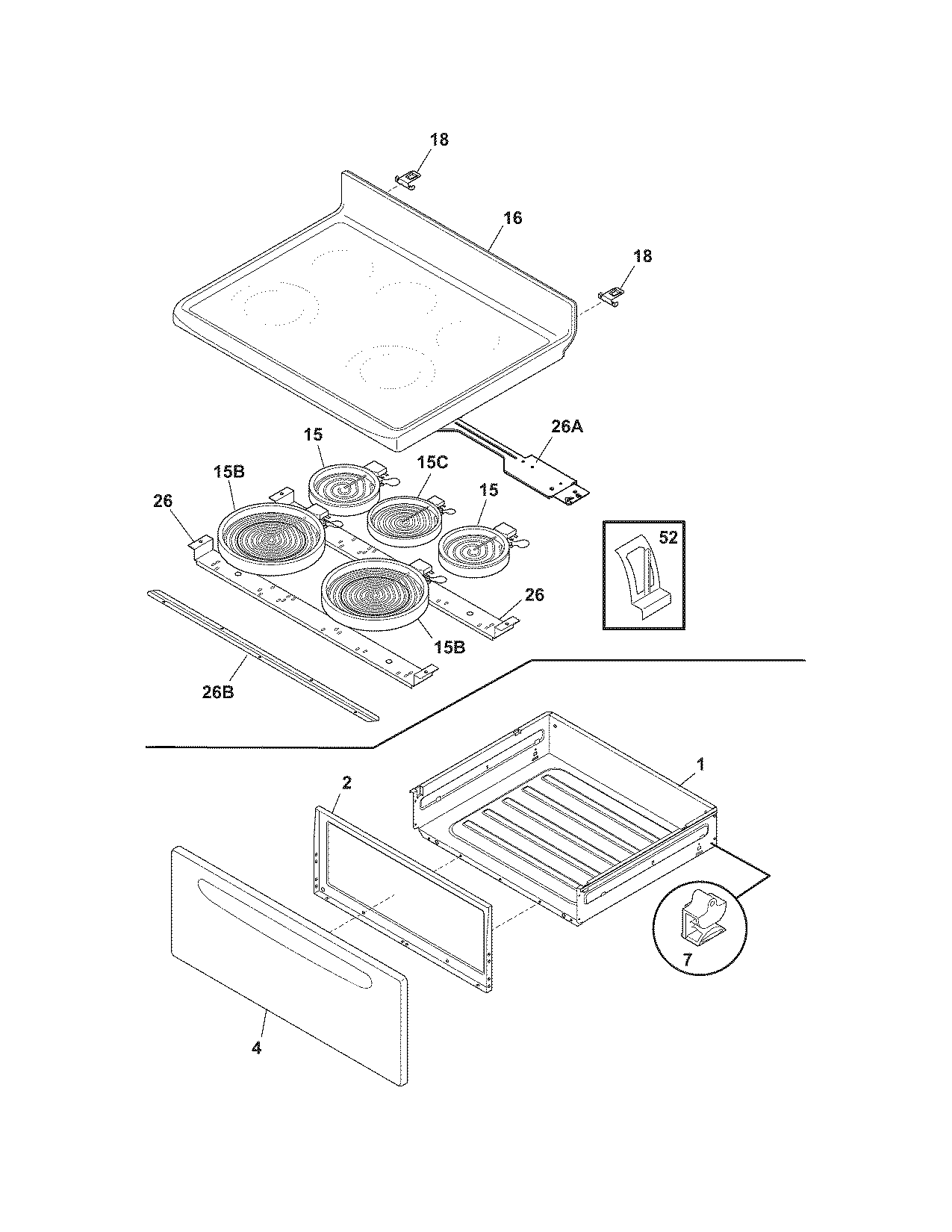 Frigidaire FEFL69HSA top/drawer diagram