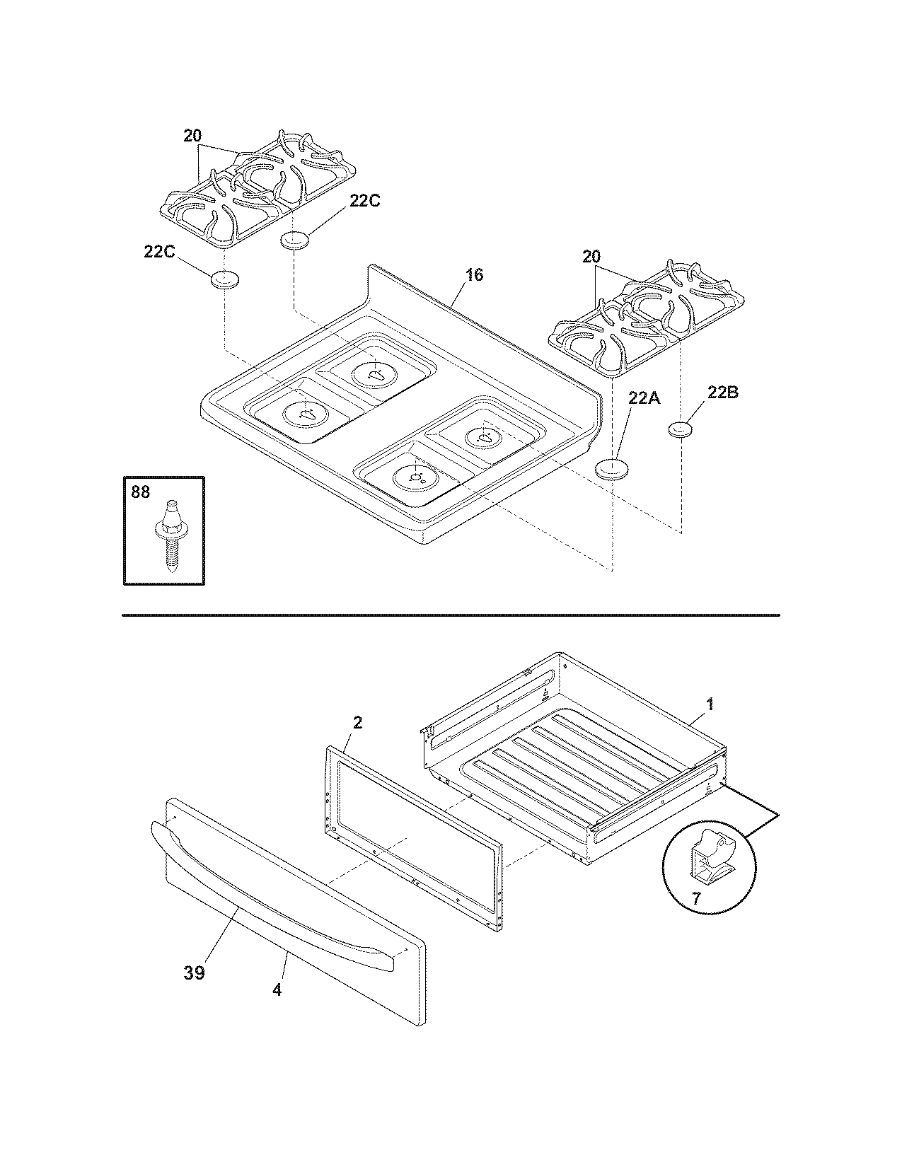 Frigidaire GLGFZ376FCF top/drawer diagram