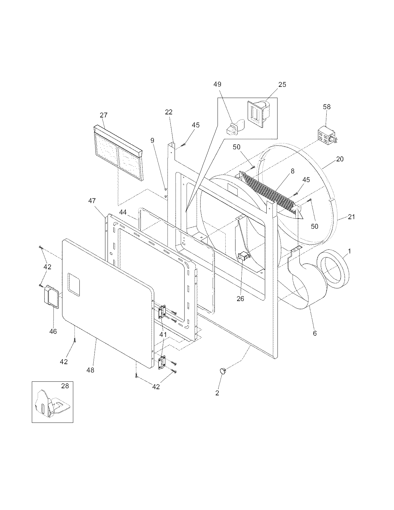 Frigidaire FGQ332ES1 front panel/lint filter diagram