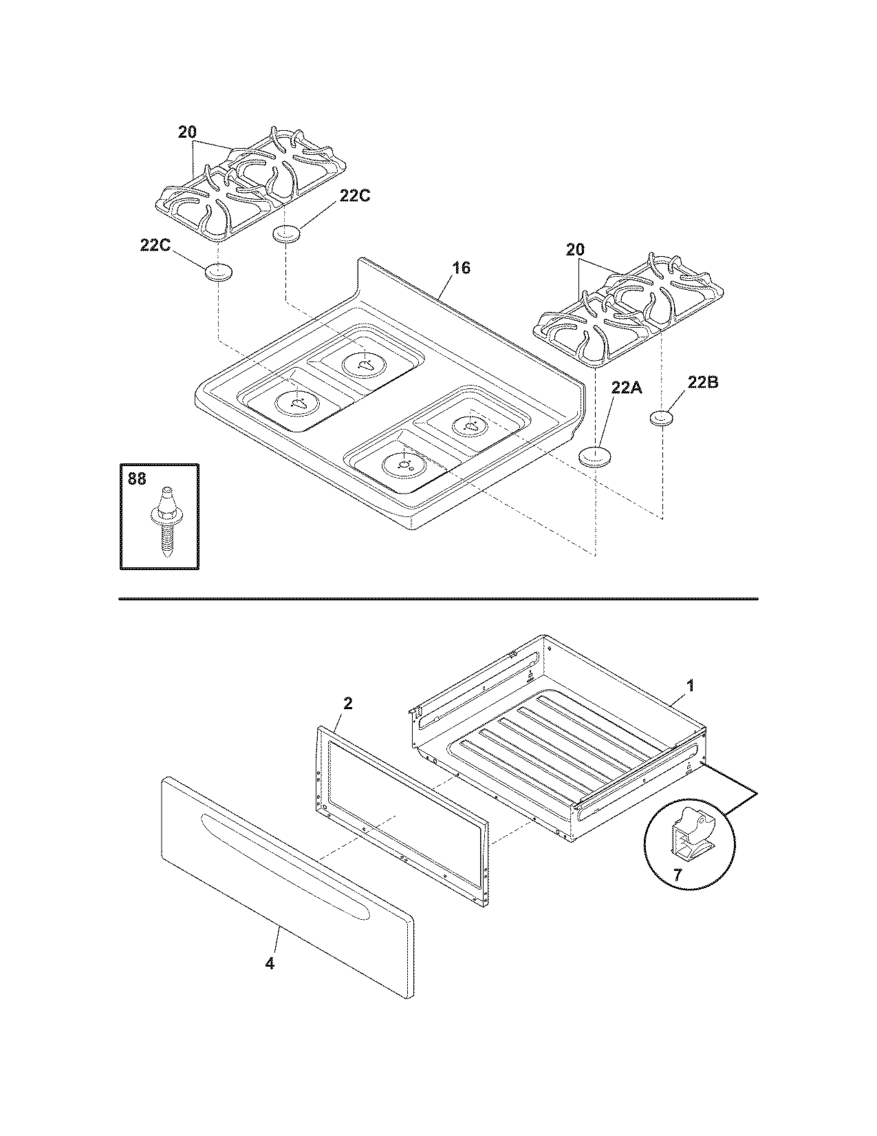 Frigidaire FGFL67HSA top/drawer diagram