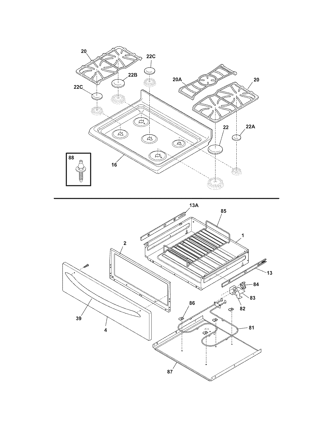 Frigidaire PLGFZ390ECH top/drawer diagram
