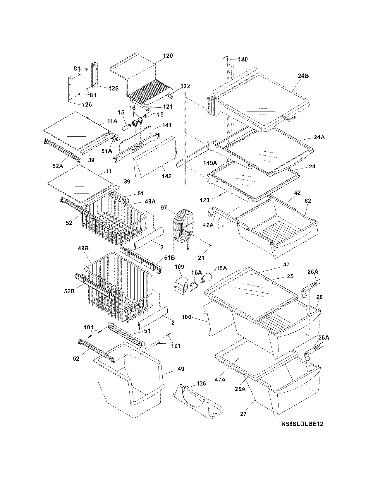 Frigidaire PHS39EJSS1 shelves diagram