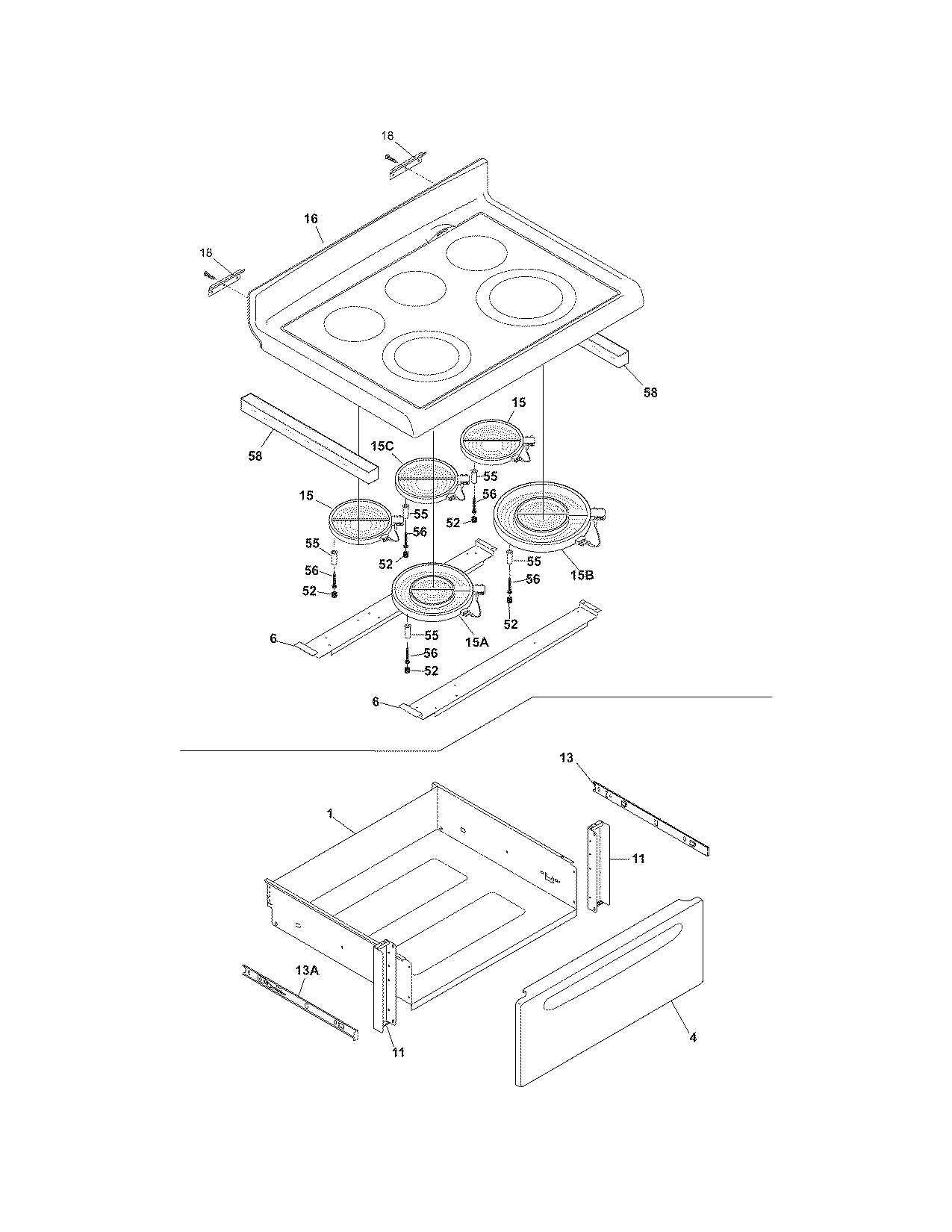 Frigidaire PGLEF385EB6 top/drawer diagram