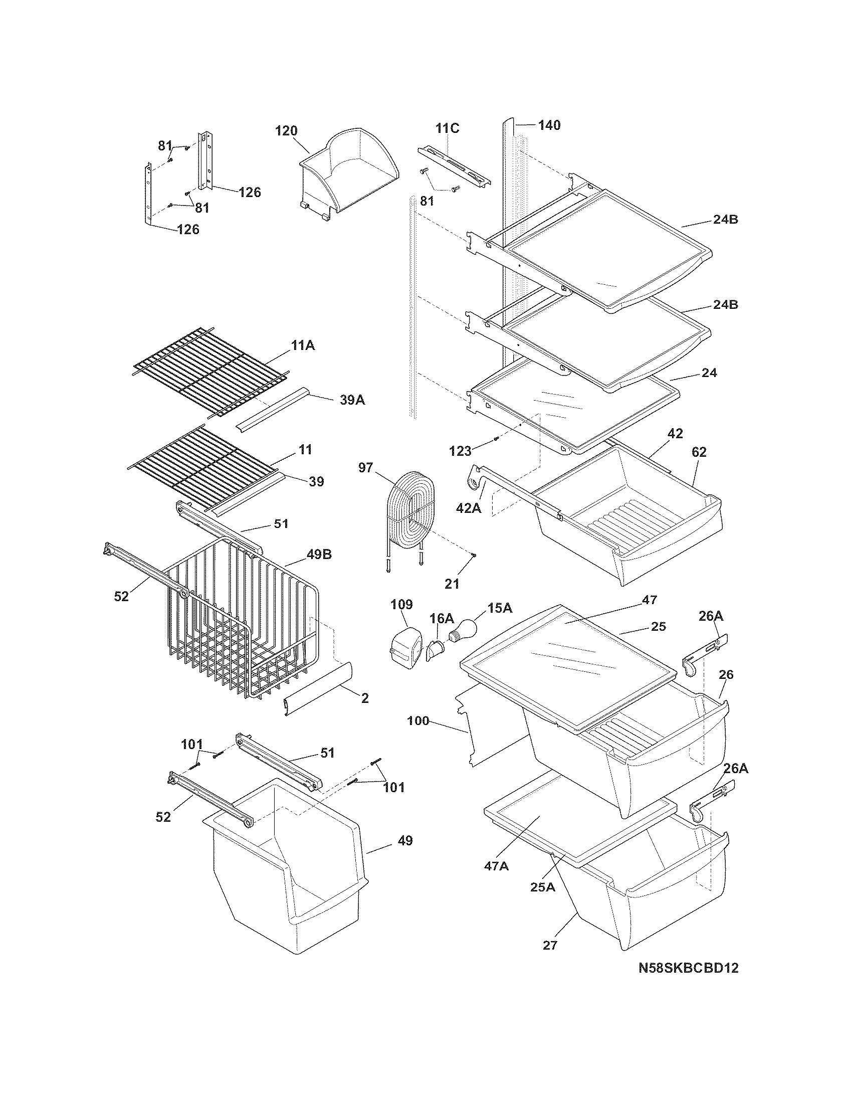 Frigidaire FRS6LF7JW2 shelves diagram