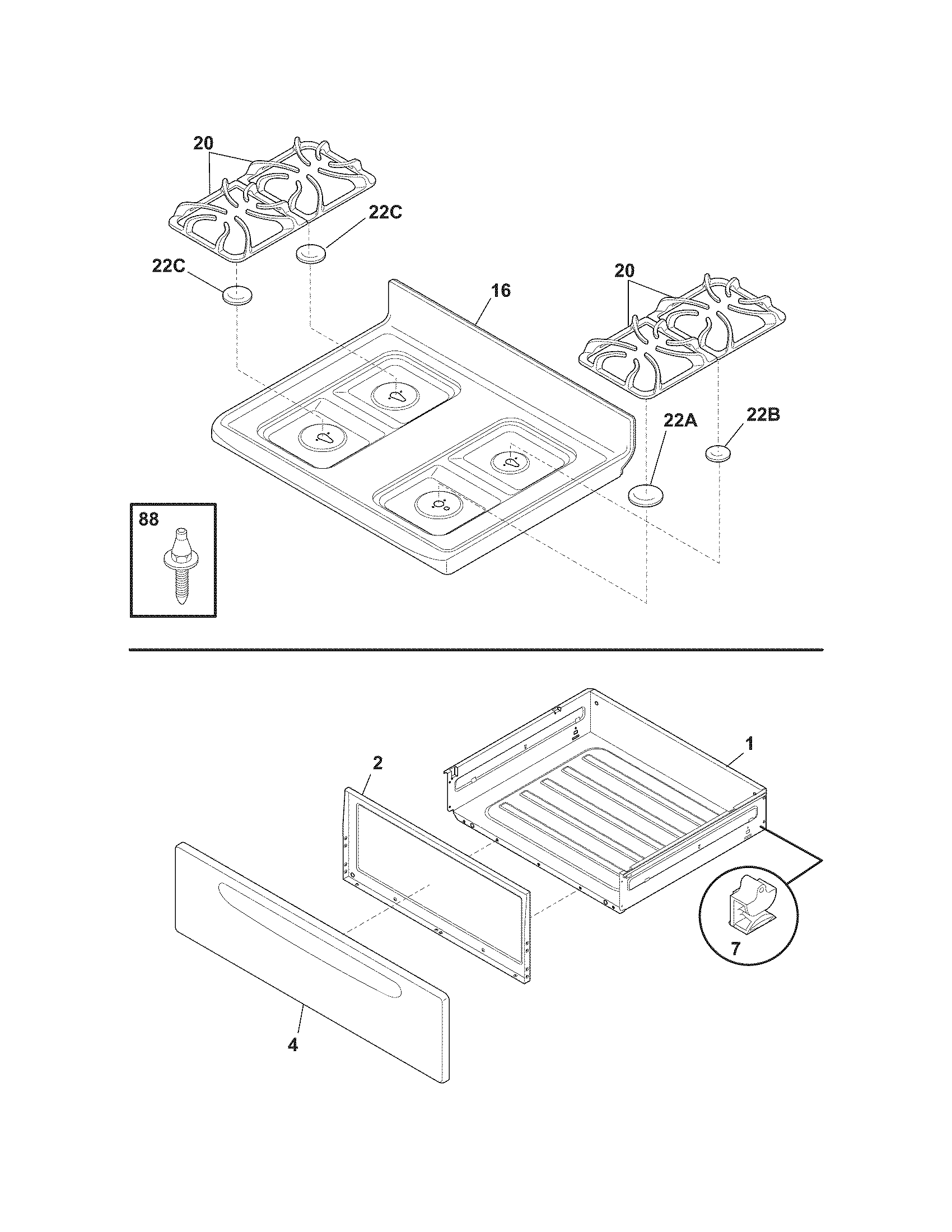 Frigidaire CFGF368GBB top/drawer diagram