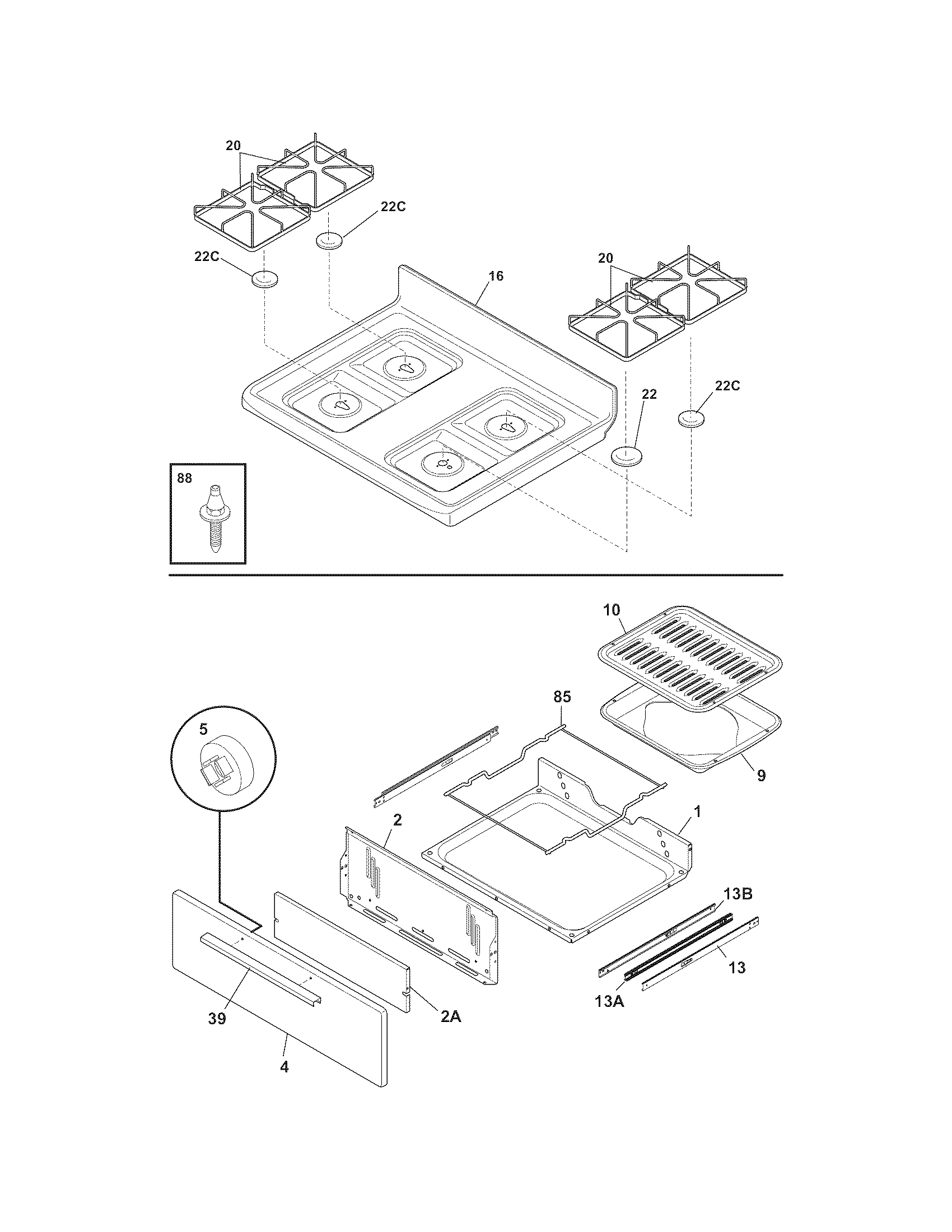 Frigidaire FGF328GSE top/drawer diagram