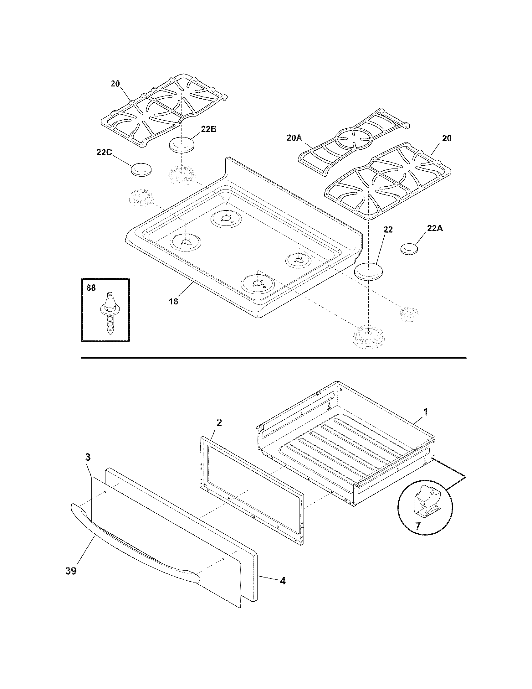 Frigidaire FGF382HCC top/drawer diagram