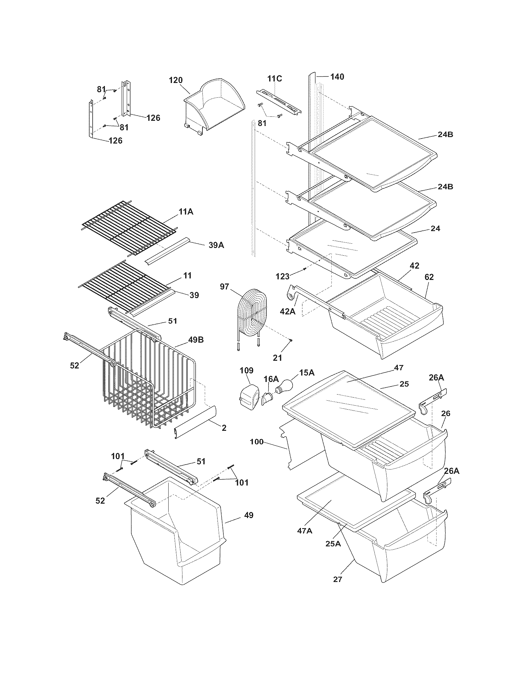 Frigidaire FRS6LF7JB3 shelves diagram