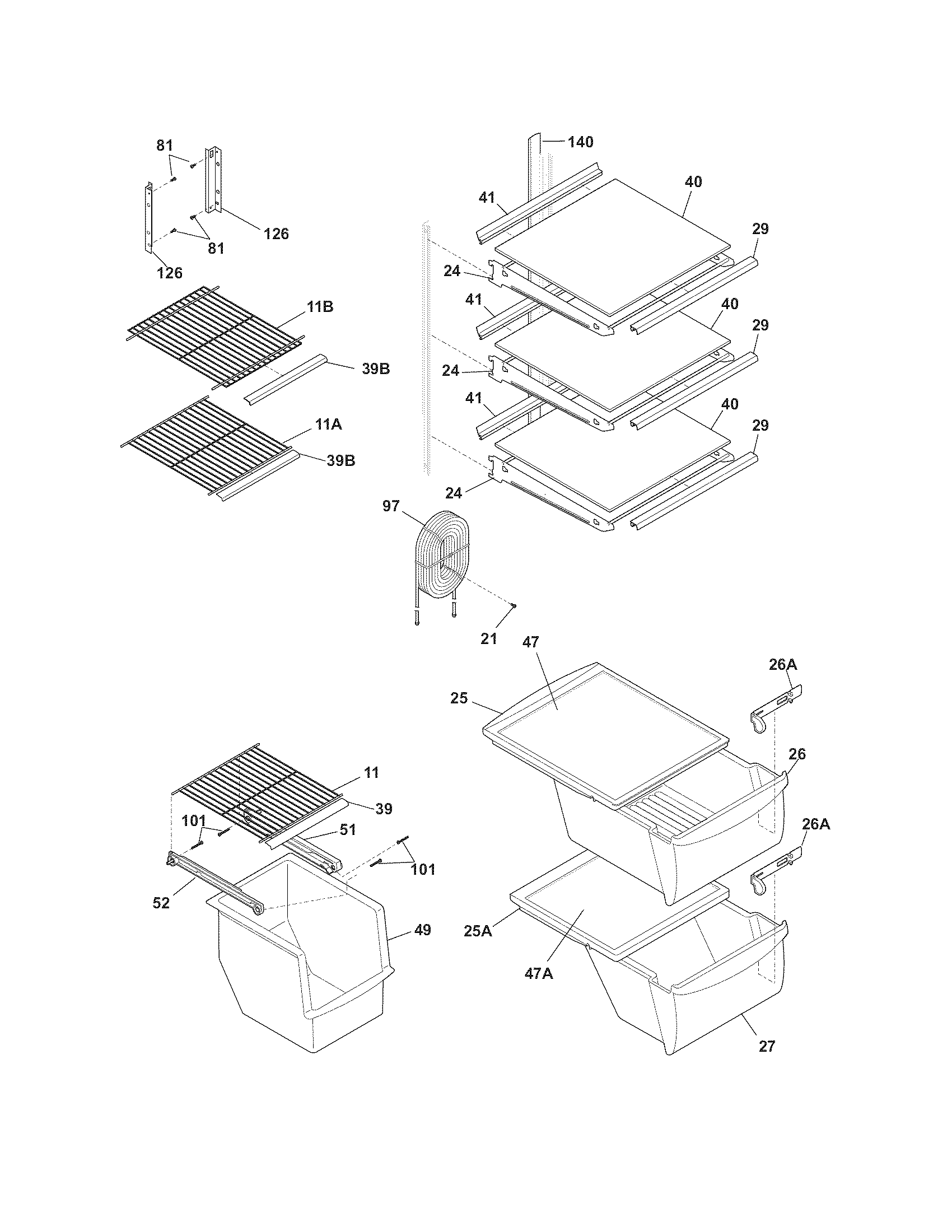 Frigidaire FRS6KR5JSB3 shelves diagram