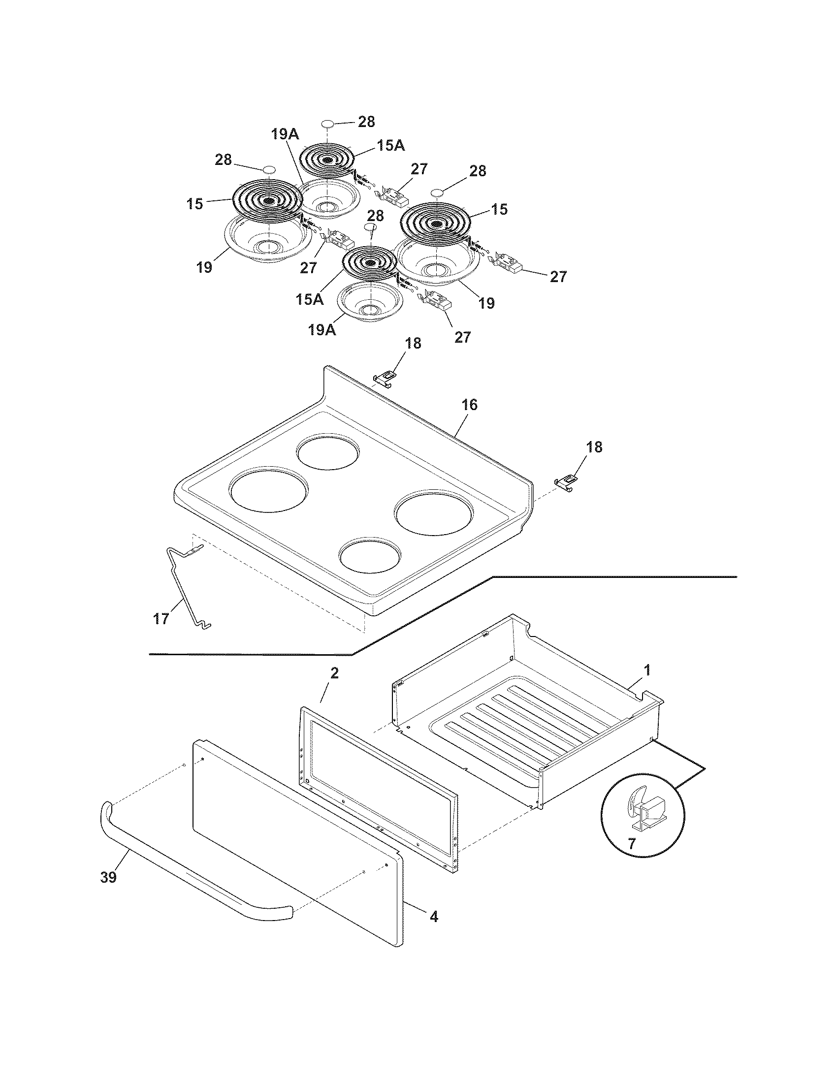 Frigidaire FEF352GMC top/drawer diagram