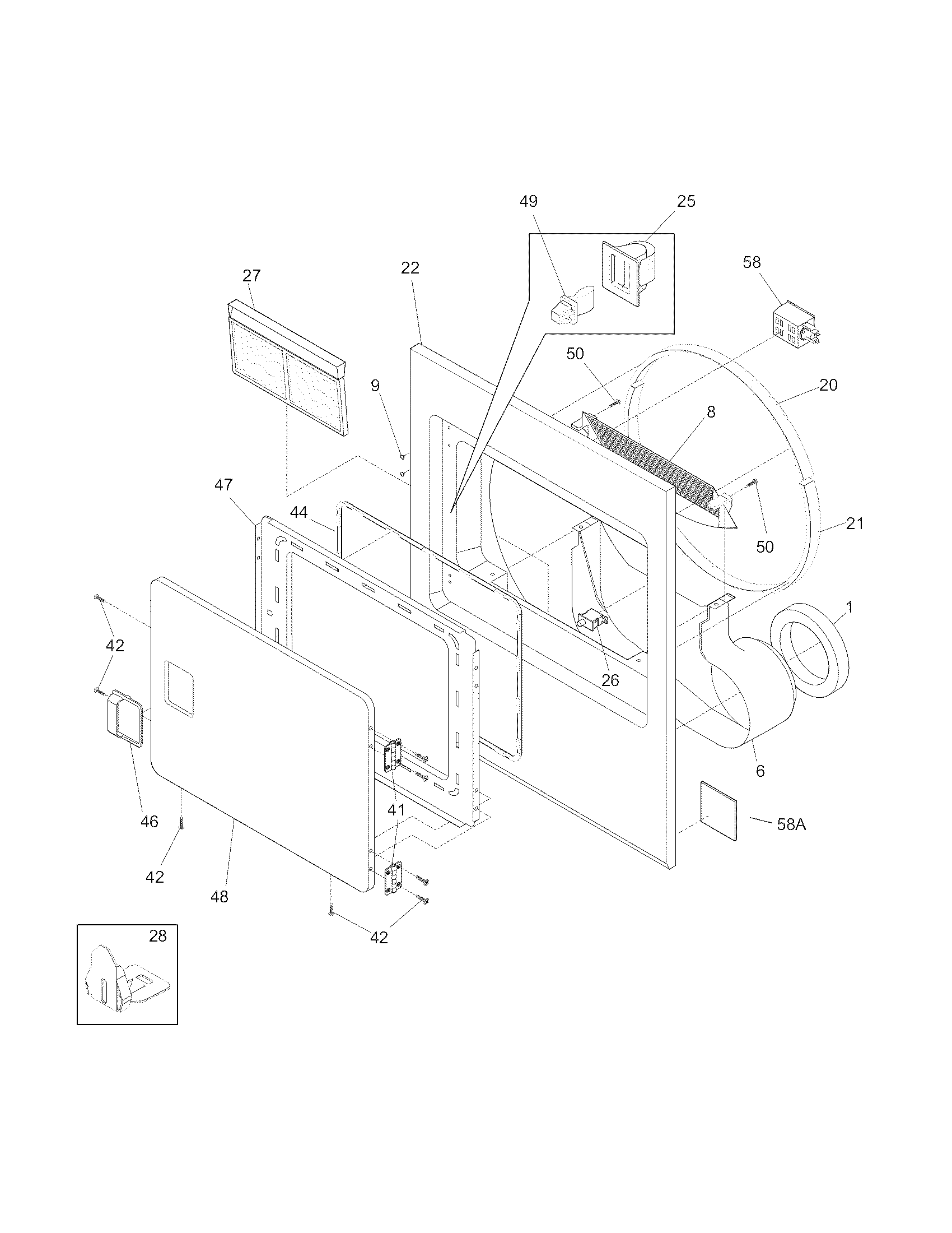 Frigidaire GLGR1042FC1 front panel/lint filter diagram