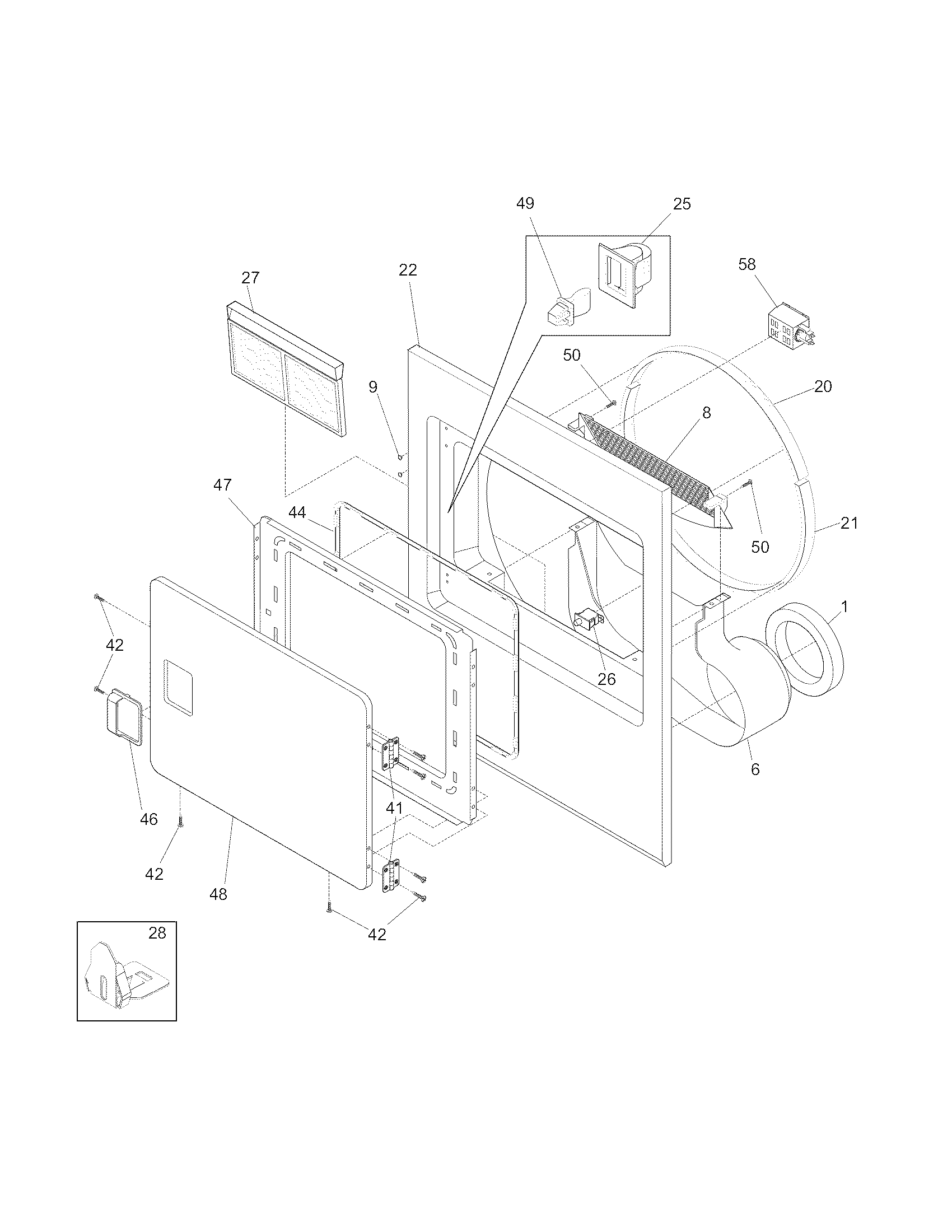 White-Westinghouse SGR641HS1 front panel/lint filter diagram