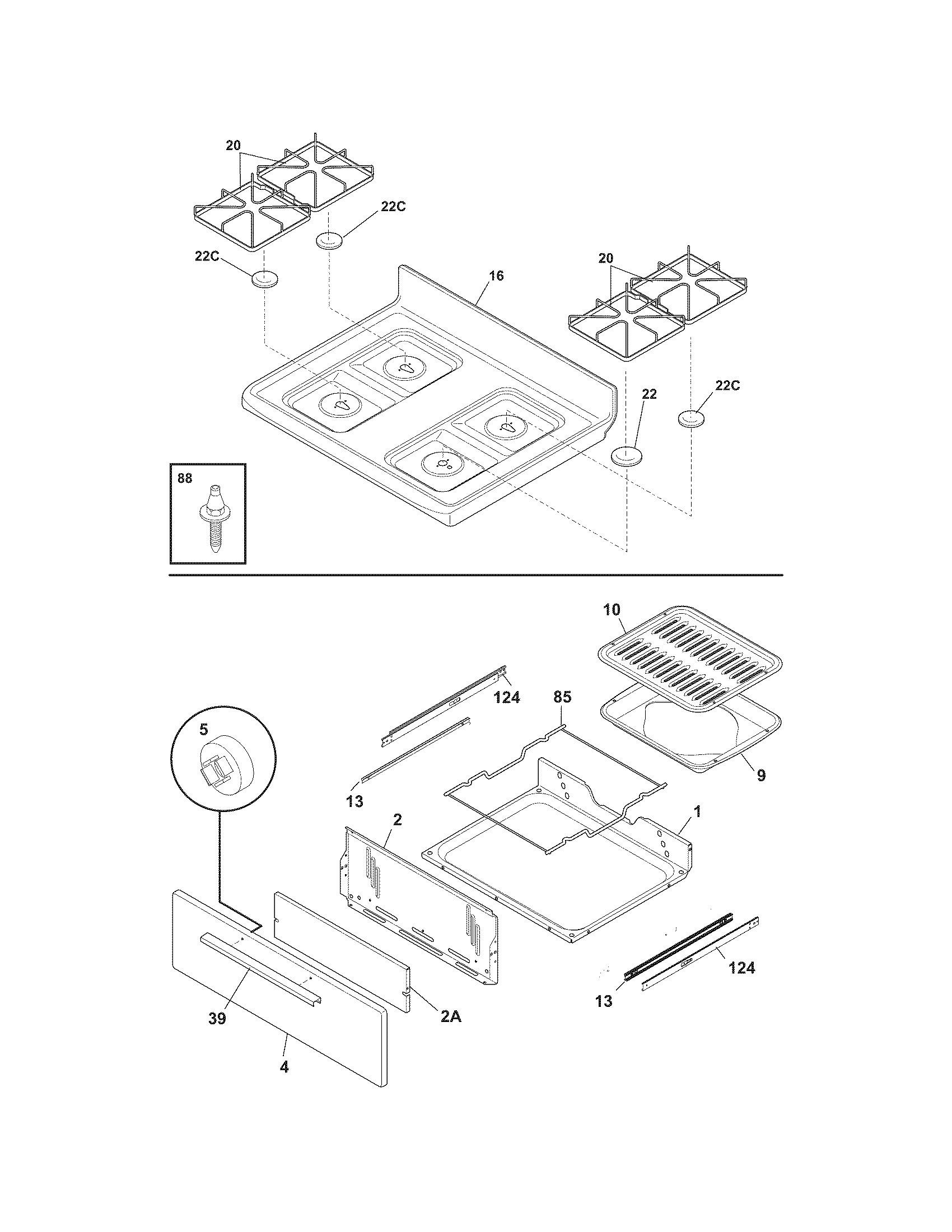 Tappan TGF336FWF top/drawer diagram