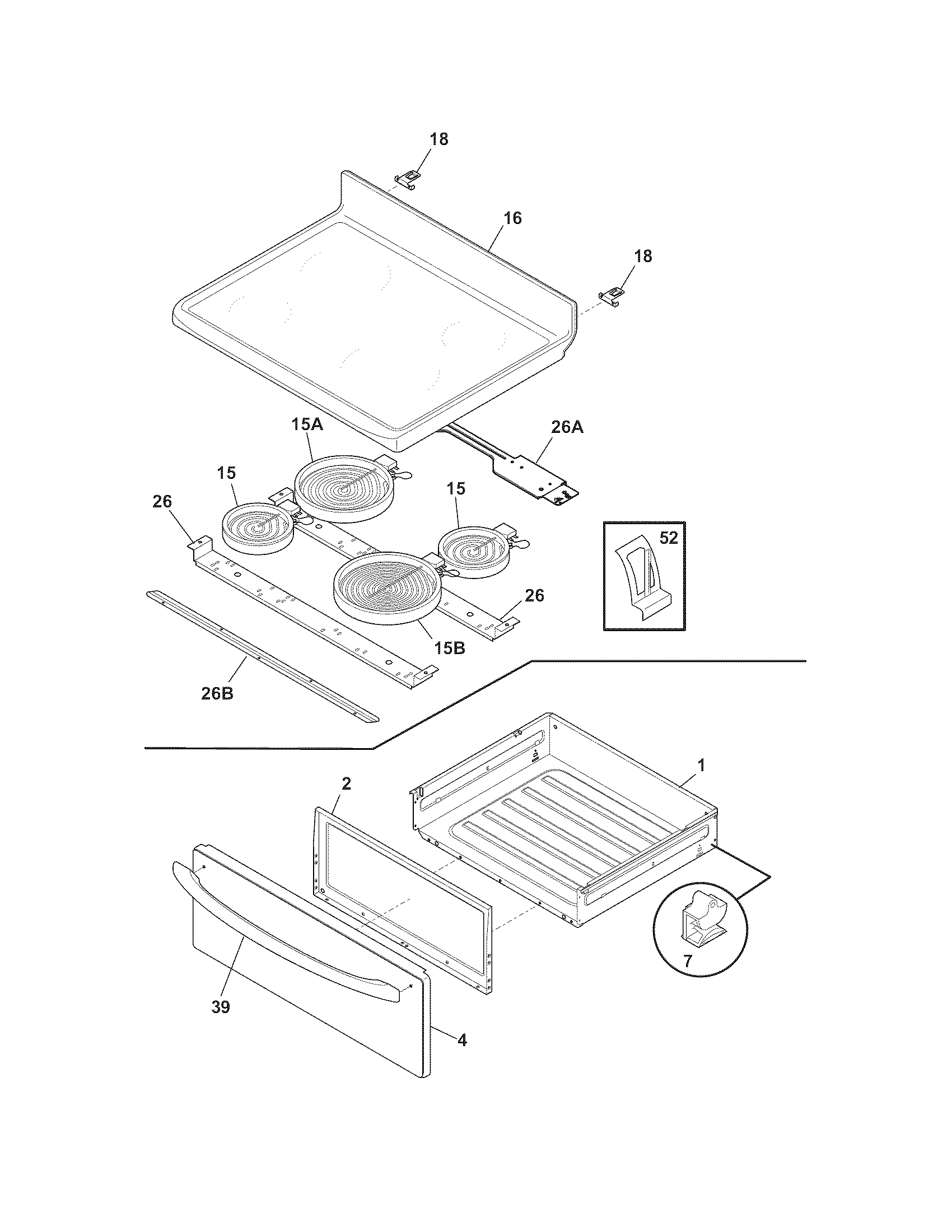 White-Westinghouse WFF334GCB top/drawer diagram