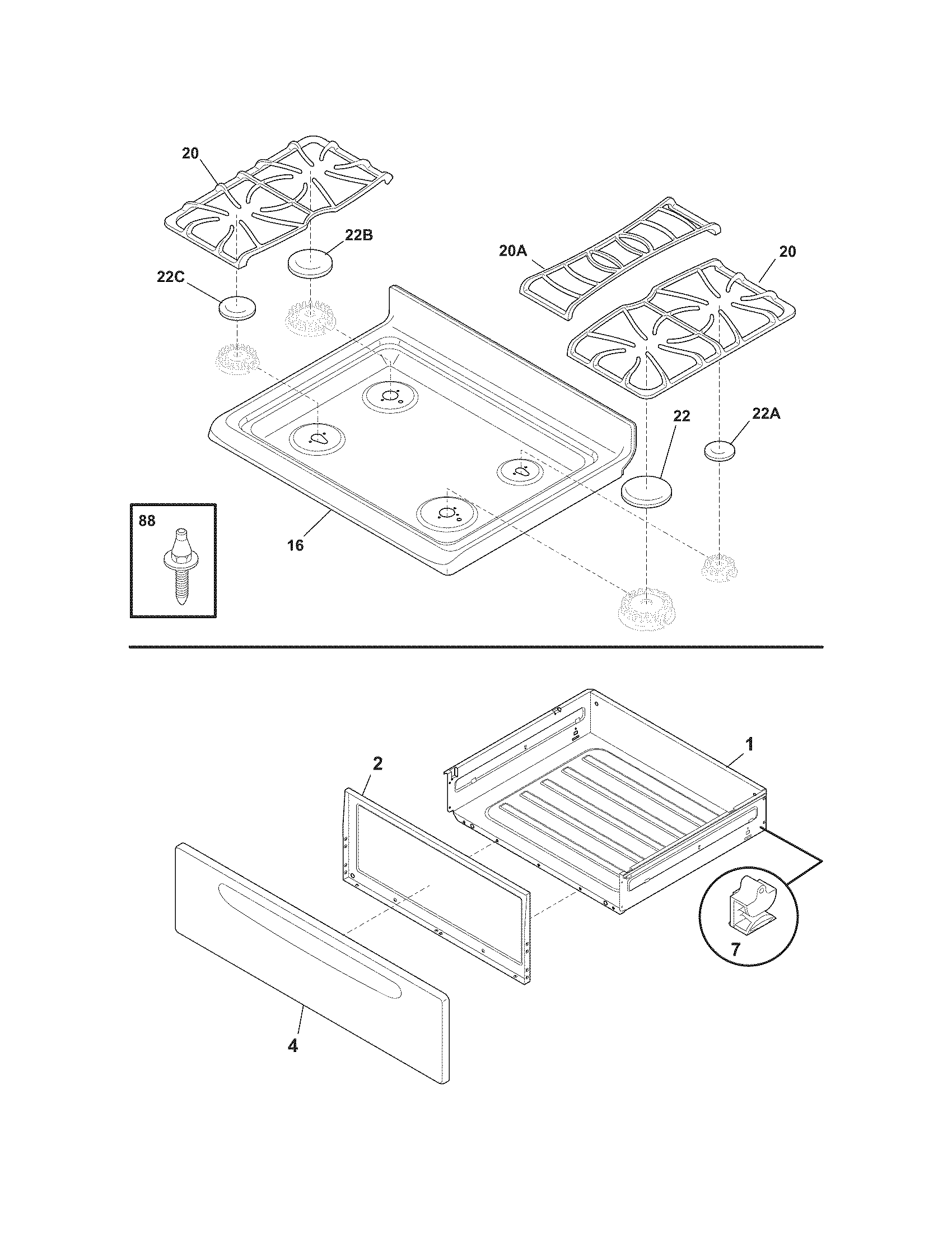 Frigidaire FGF382HBA top/drawer diagram