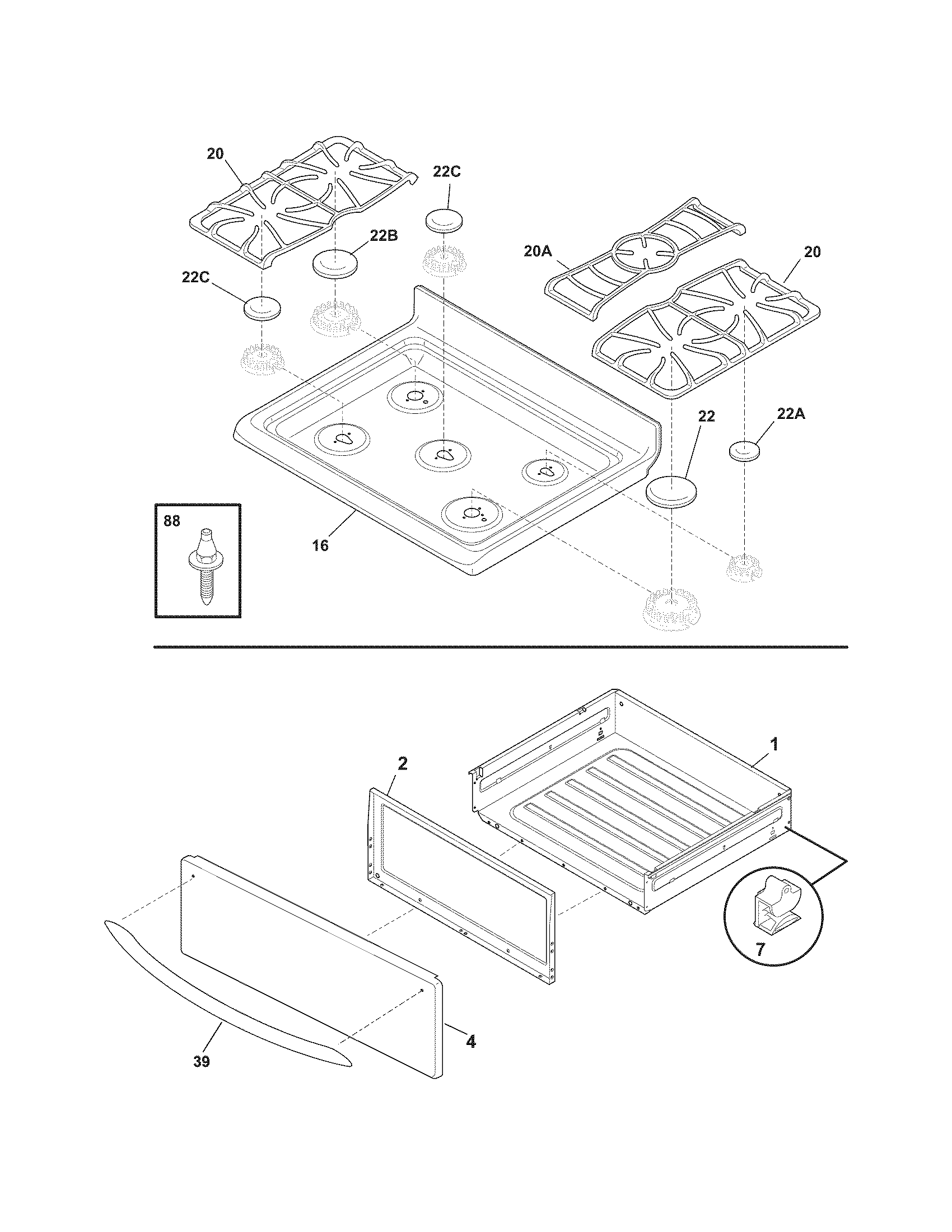 Frigidaire FGFL79GCF top/drawer diagram