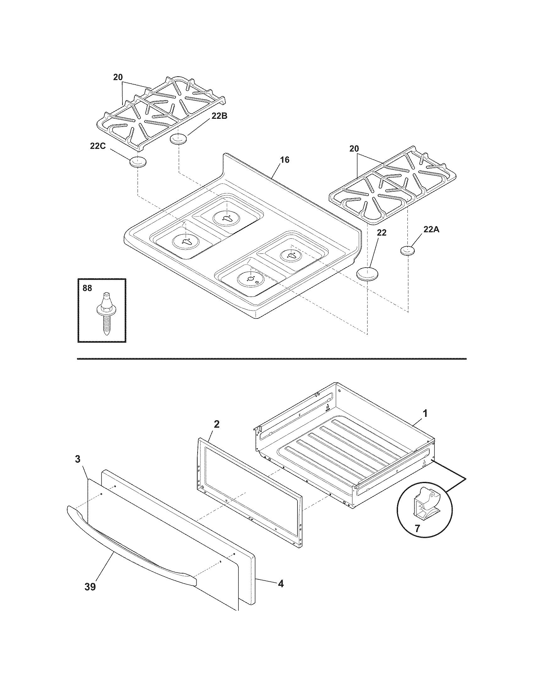 Crosley CRG3480ISSA top/drawer diagram