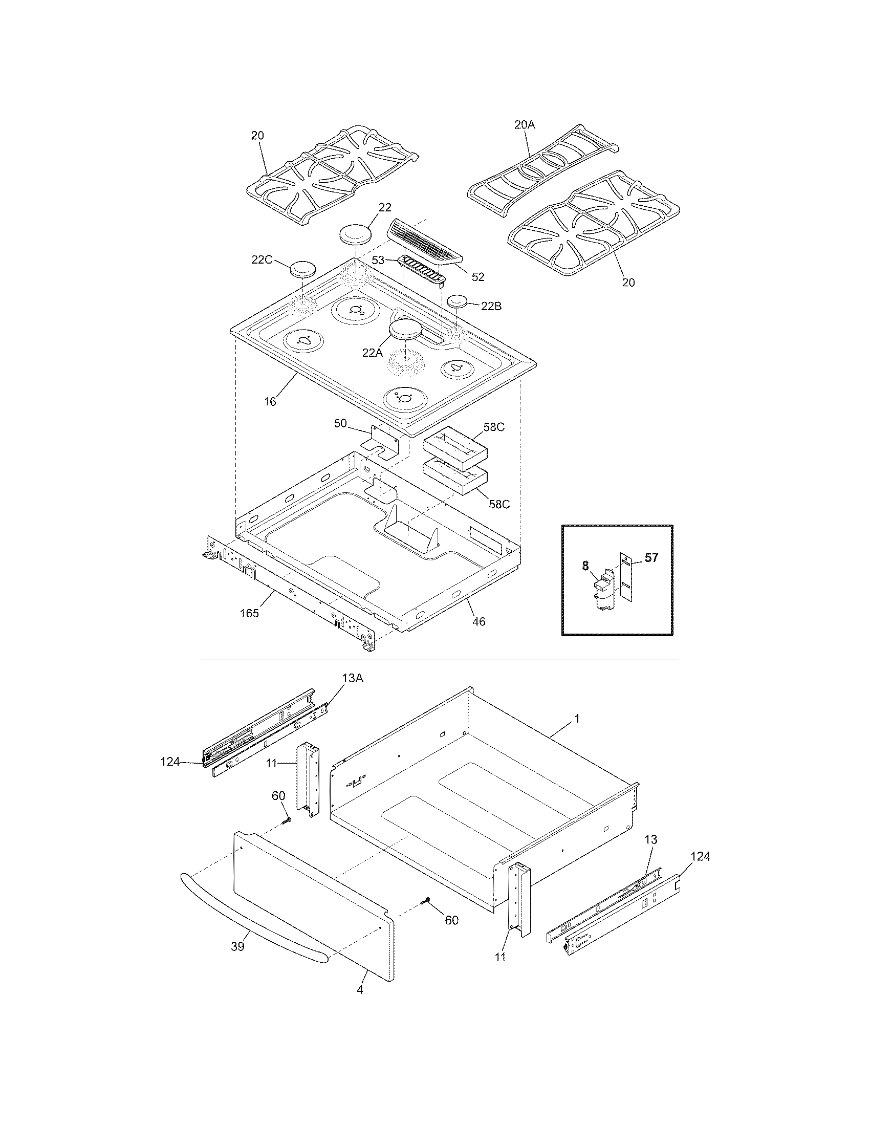 Frigidaire FGS367FCE top/drawer diagram