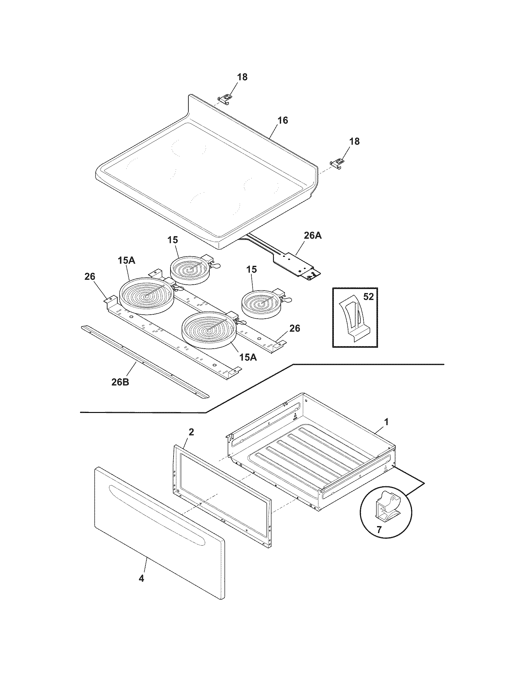 Crosley CRE3580GWWB top/drawer diagram