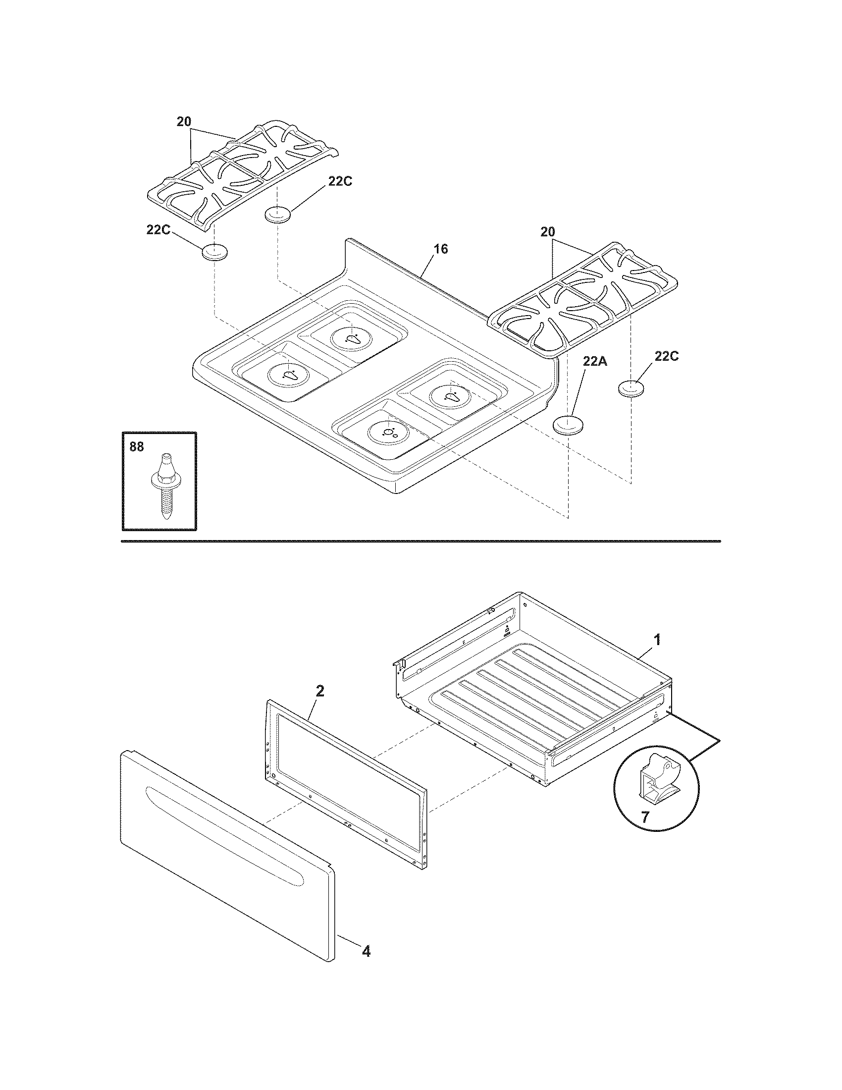 Frigidaire FGF366EBH top/drawer diagram
