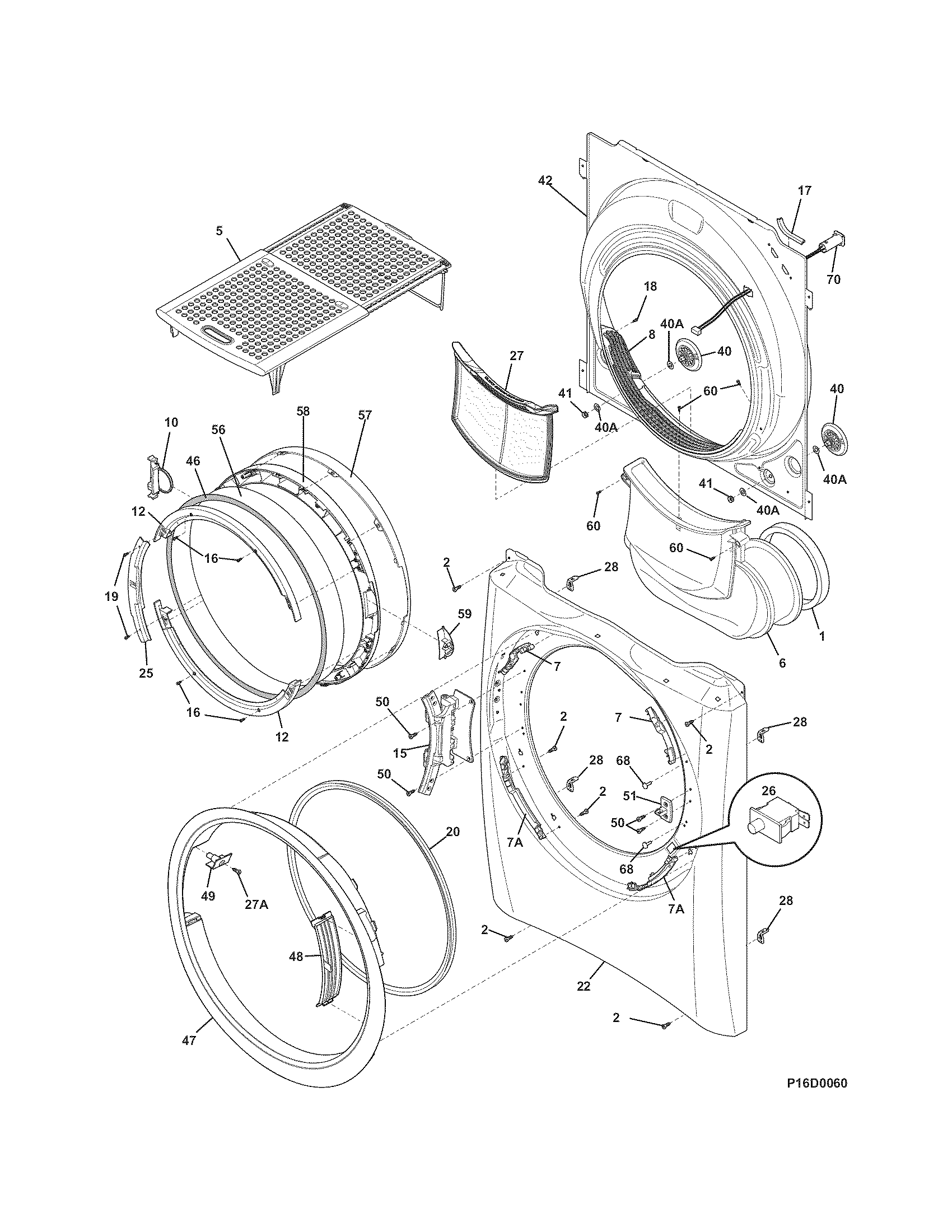 Electrolux EWMED65IRR0 front panel/lint filter diagram