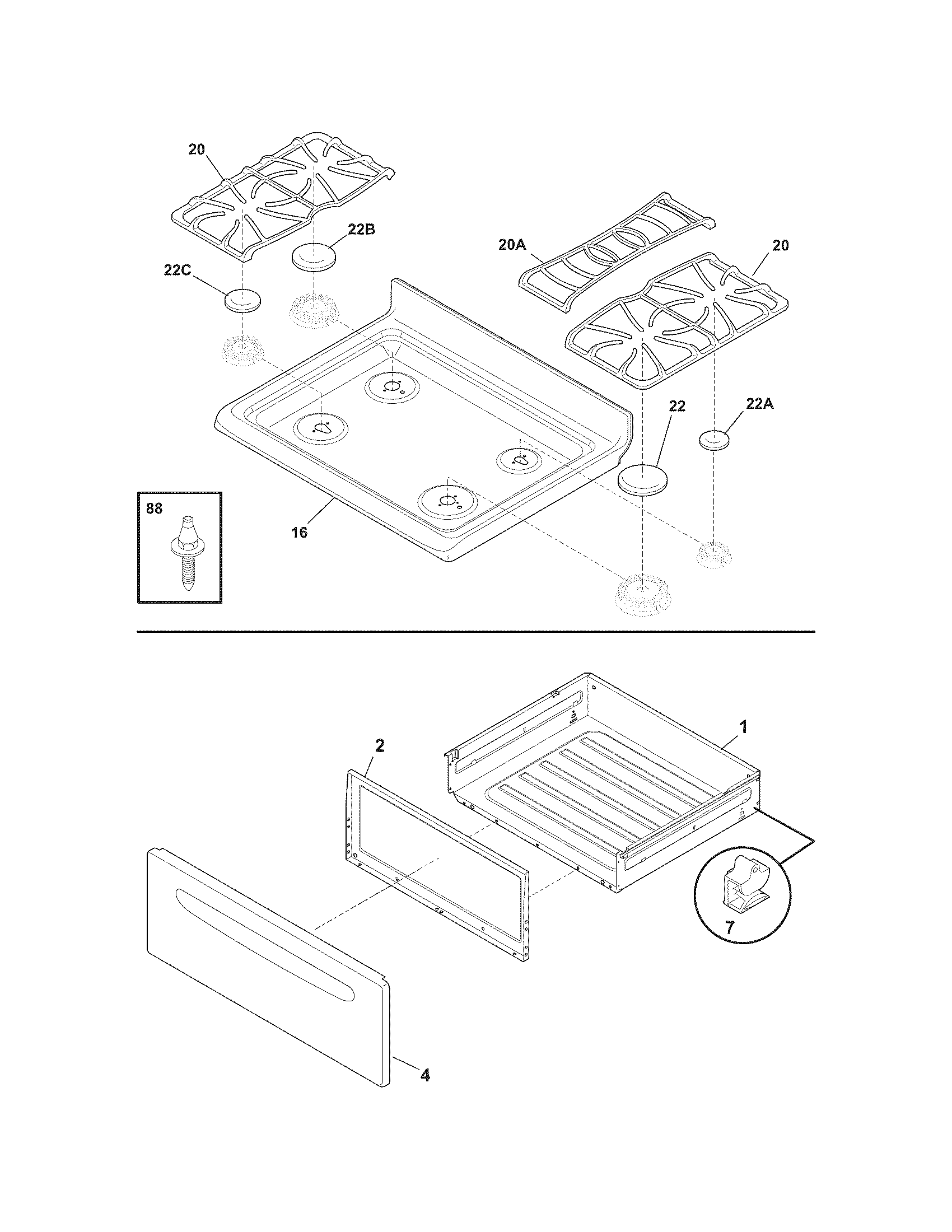 Frigidaire FGF382HSC top/drawer diagram