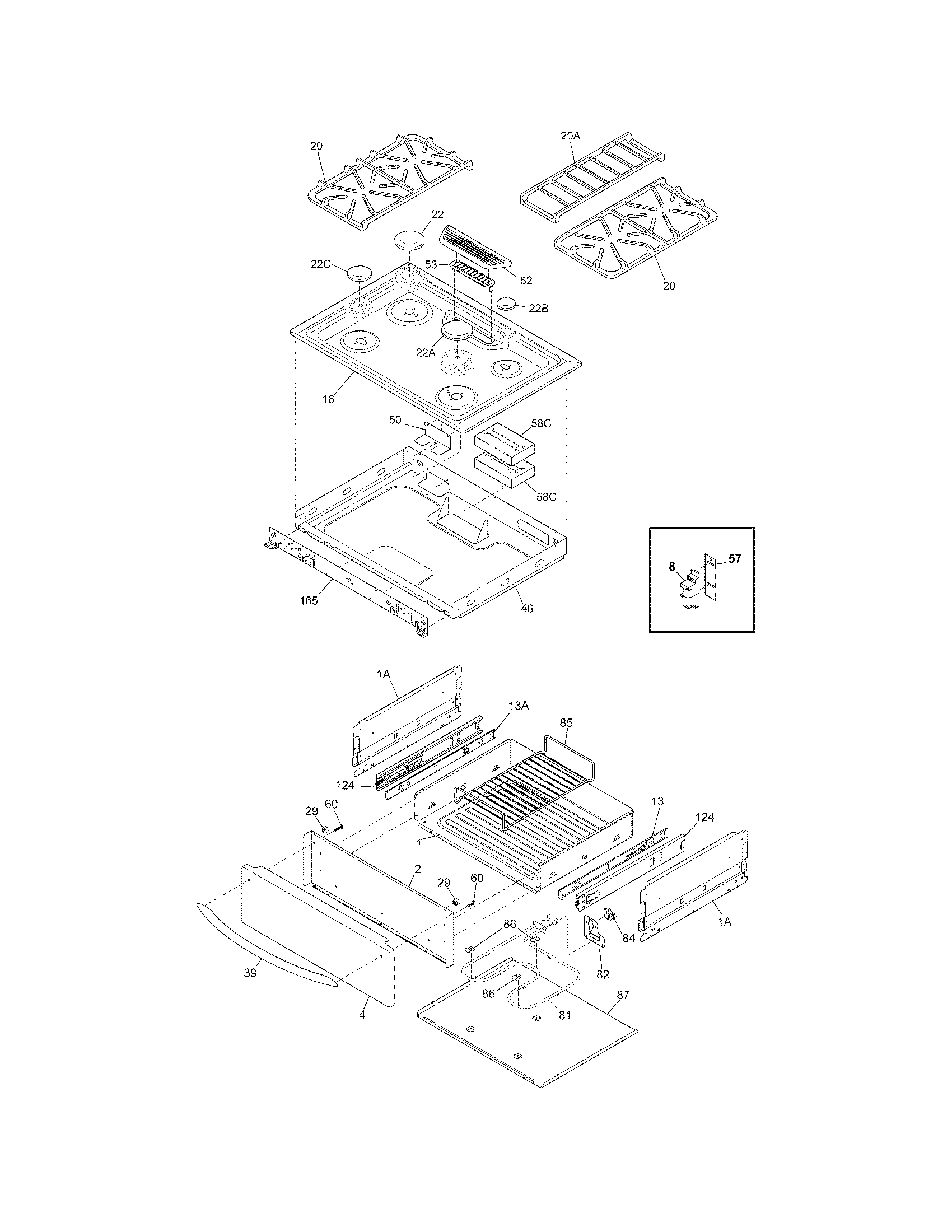 Frigidaire PLGS389ECJ top/drawer diagram