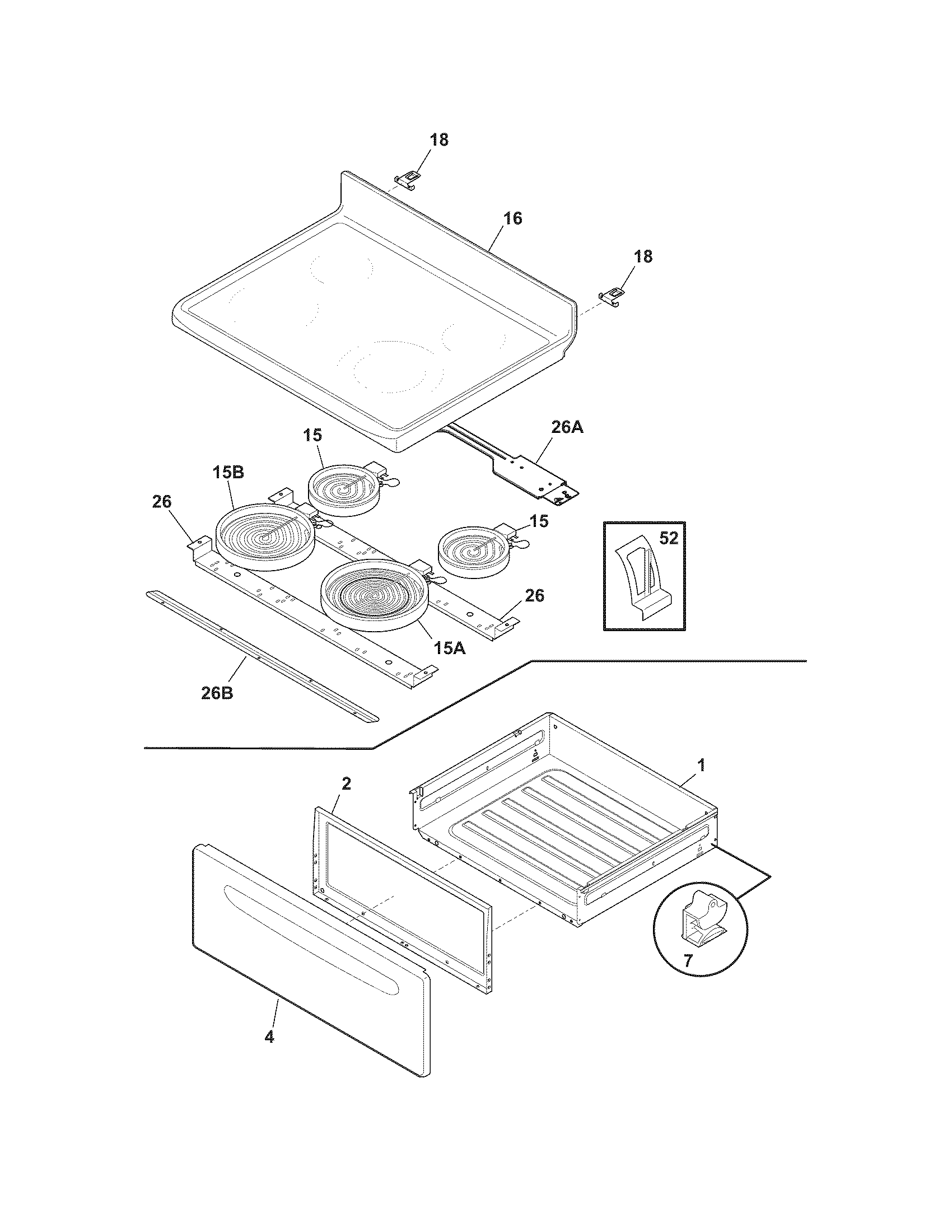 Frigidaire FEF368GBB top/drawer diagram