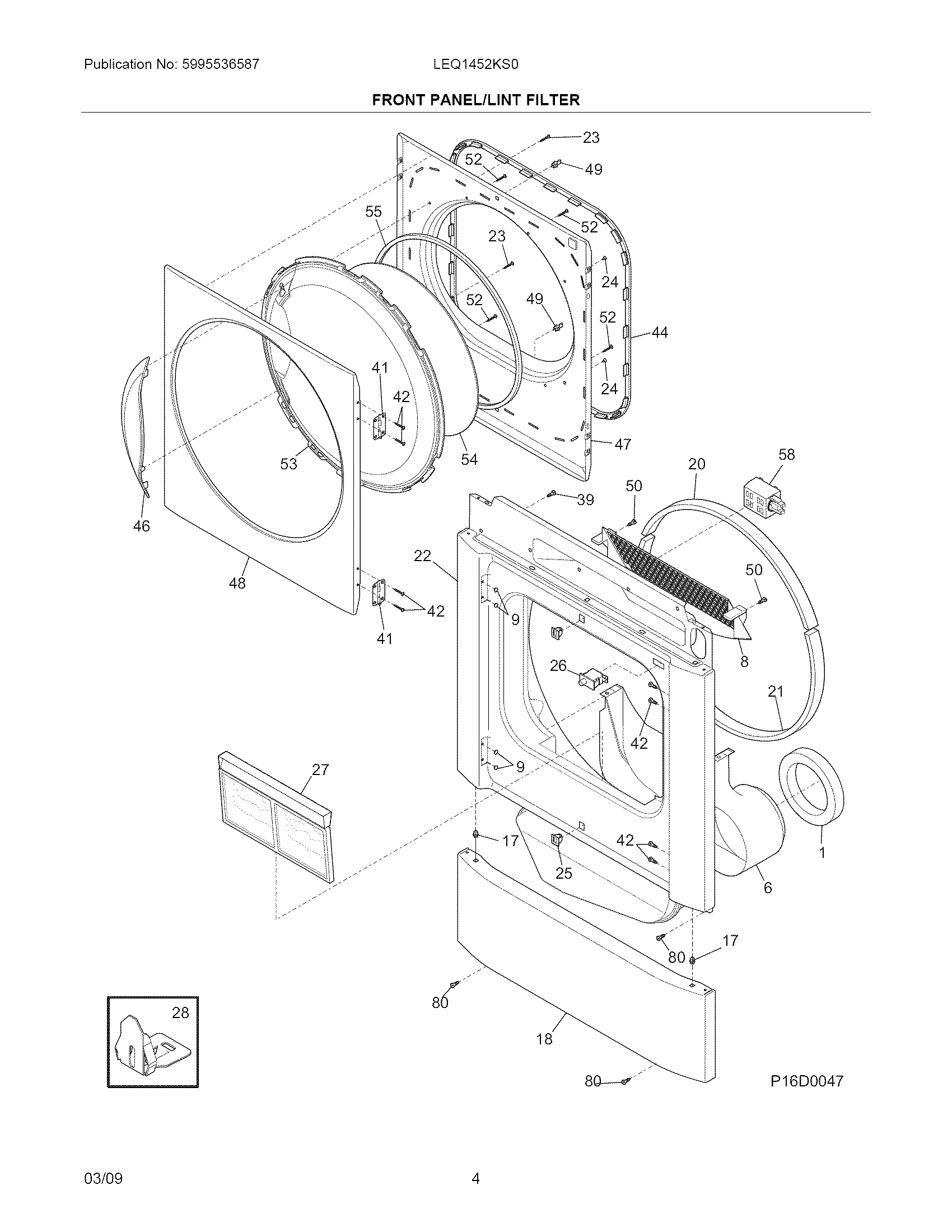 Frigidaire LEQ1452KS0 front panel/lint filter diagram