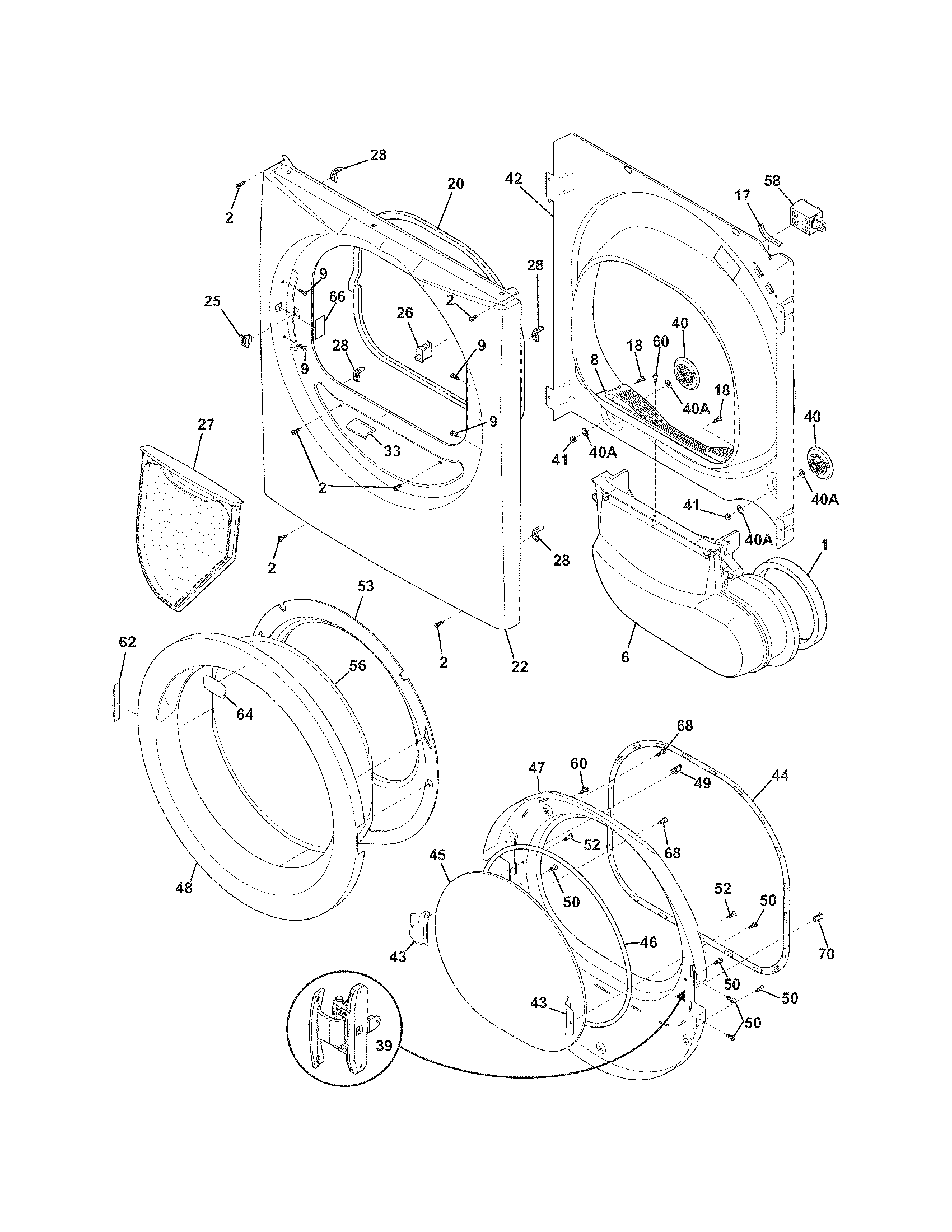 Frigidaire FAQE7073KW0 front panel/lint filter diagram