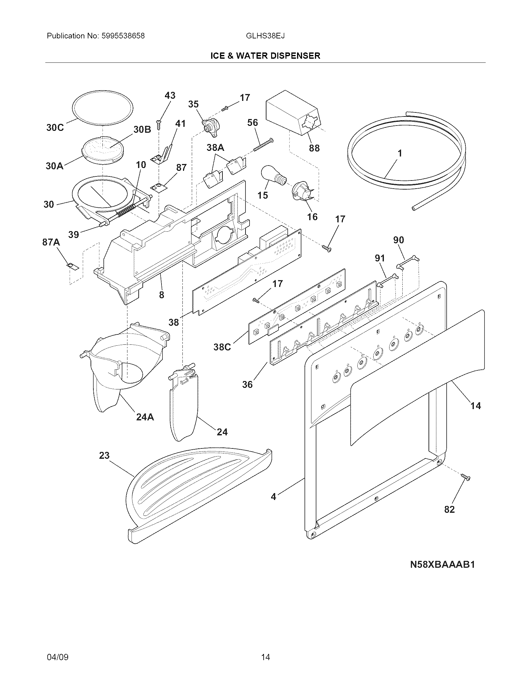 Frigidaire GLHS38EJQ1 ice & water dispenser diagram