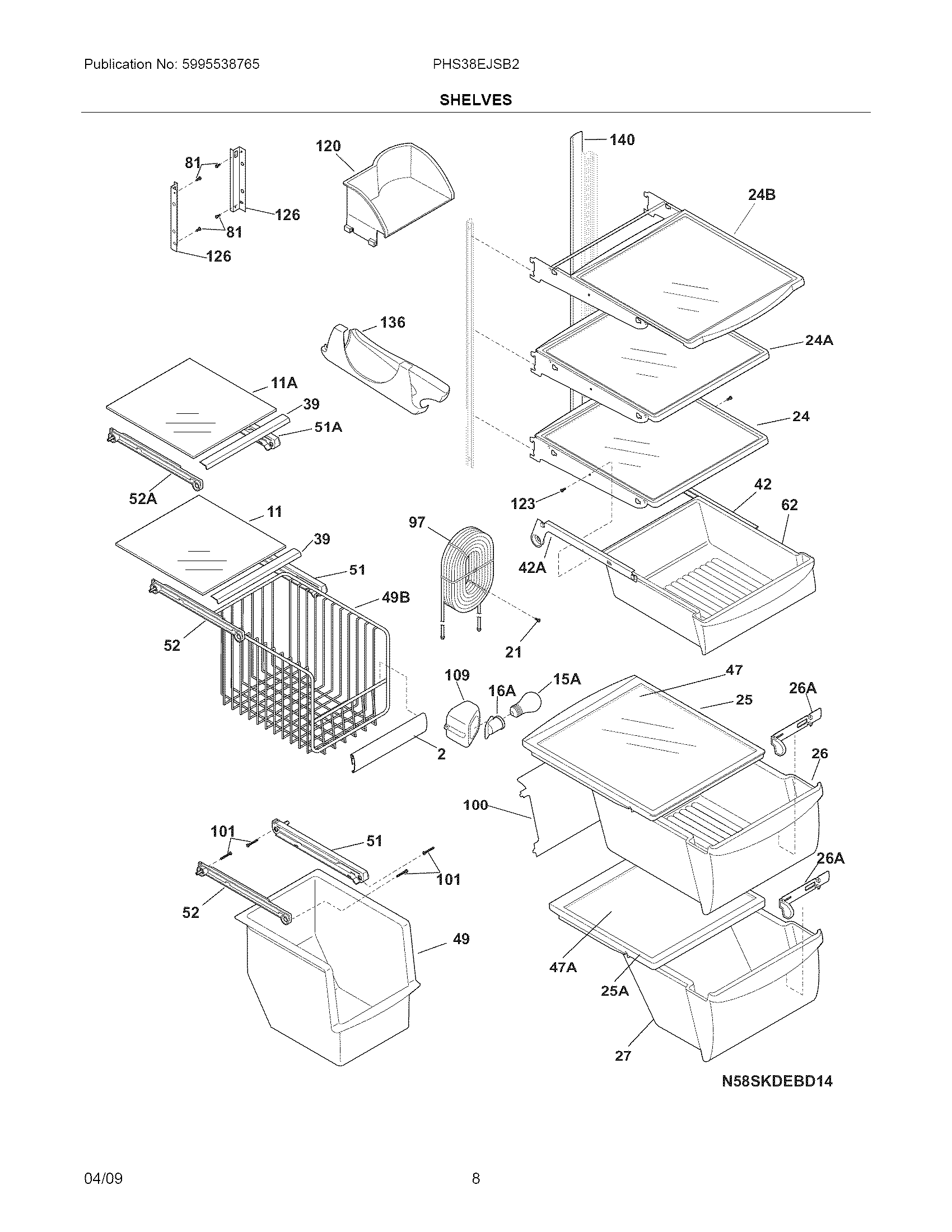 Frigidaire PHS38EJSB2 shelves diagram