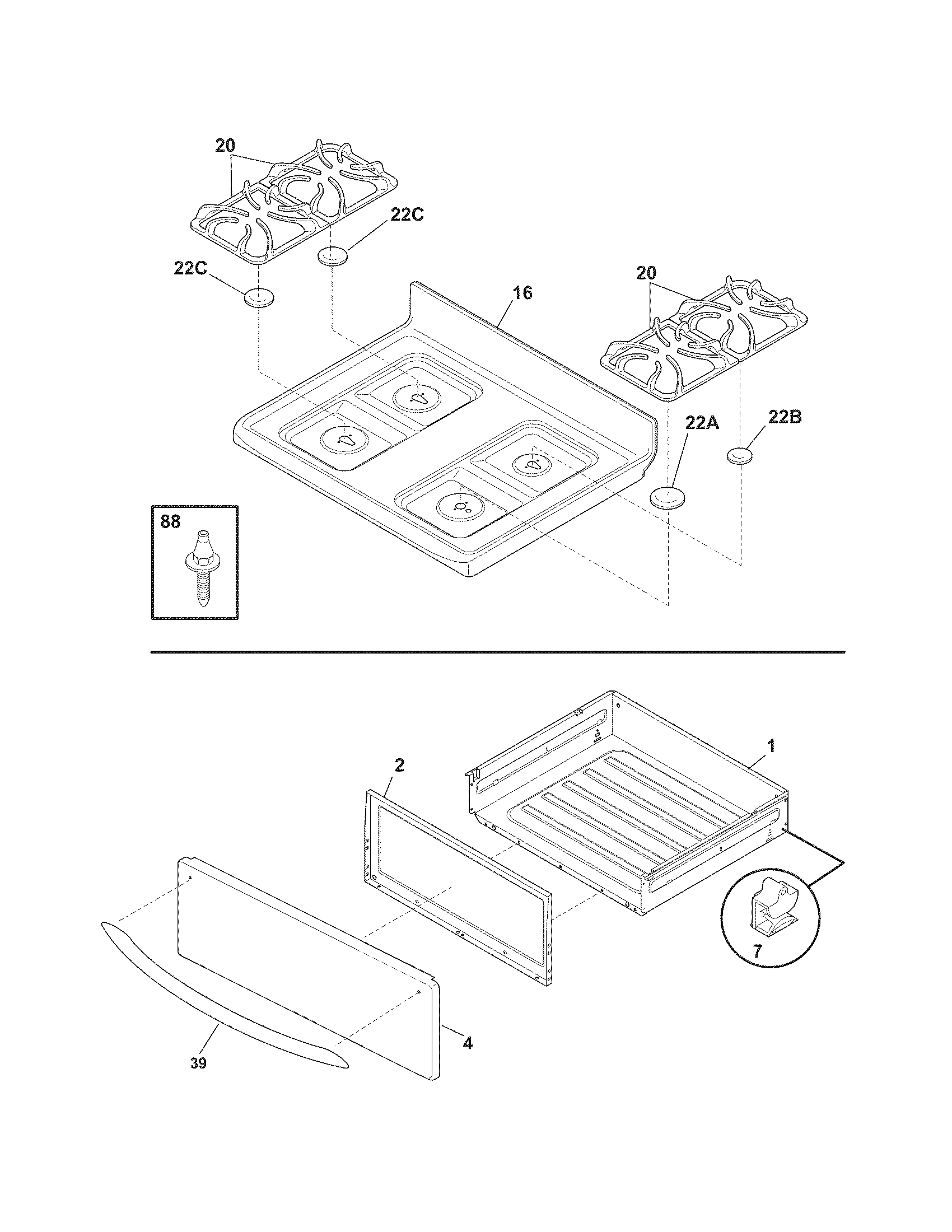 Frigidaire FGFL67HCA top/drawer diagram