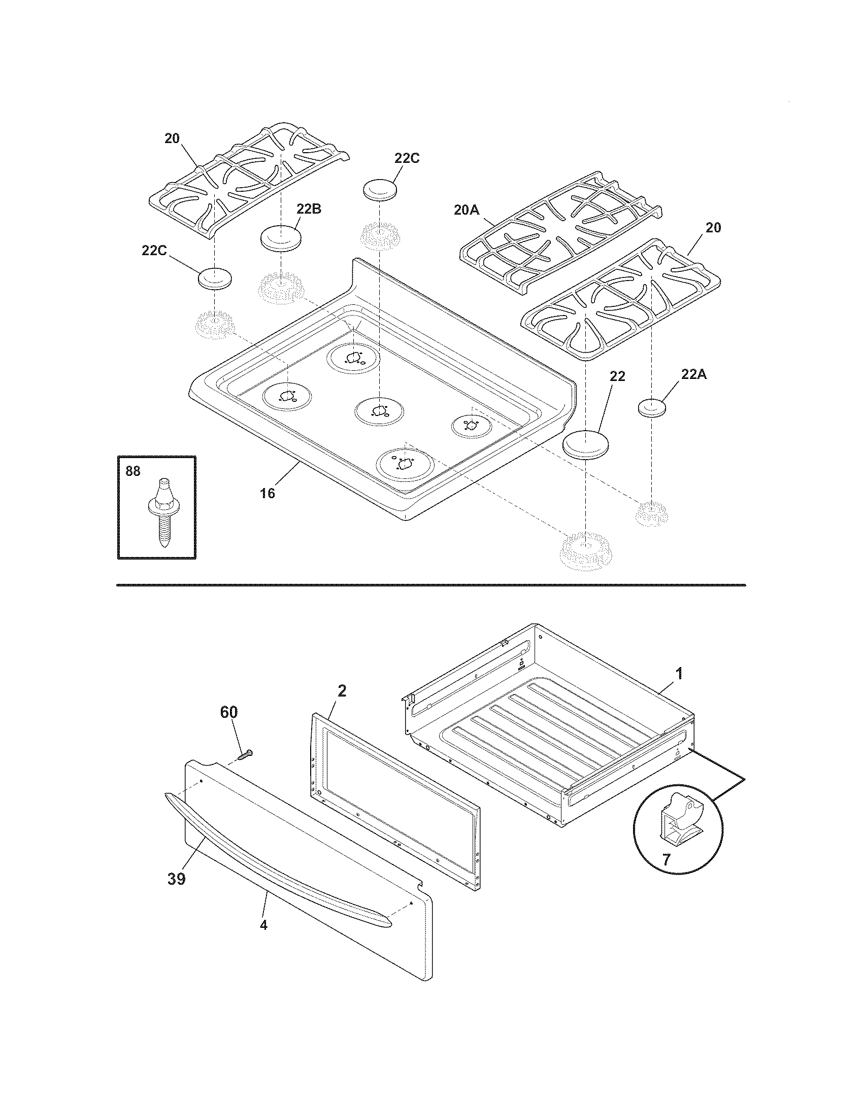 Frigidaire FGGF3041KFA top/drawer diagram