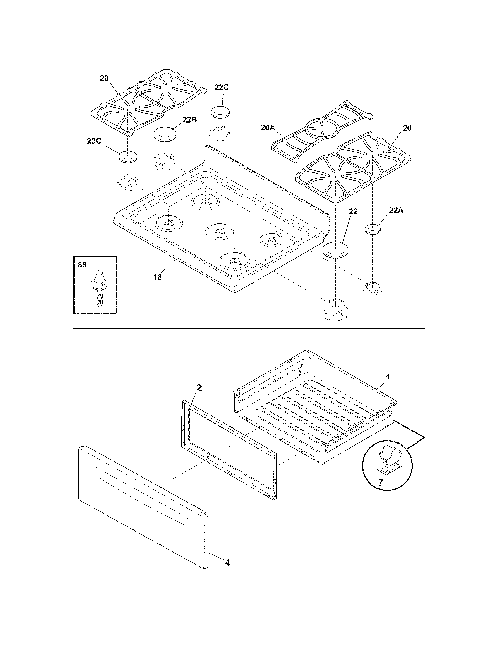 Frigidaire GLGF386DQM top/drawer diagram