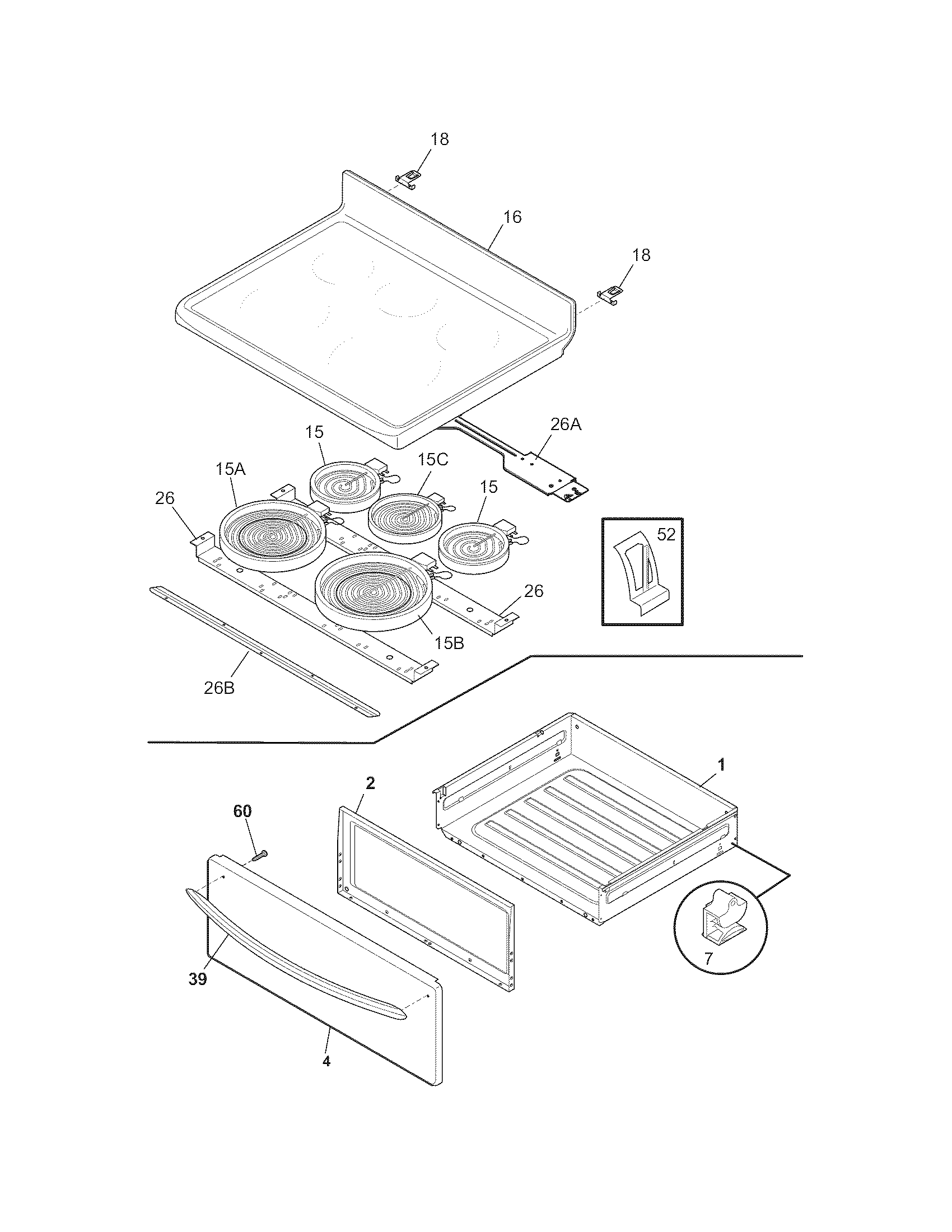 Frigidaire FGEF3041KFA top/drawer diagram