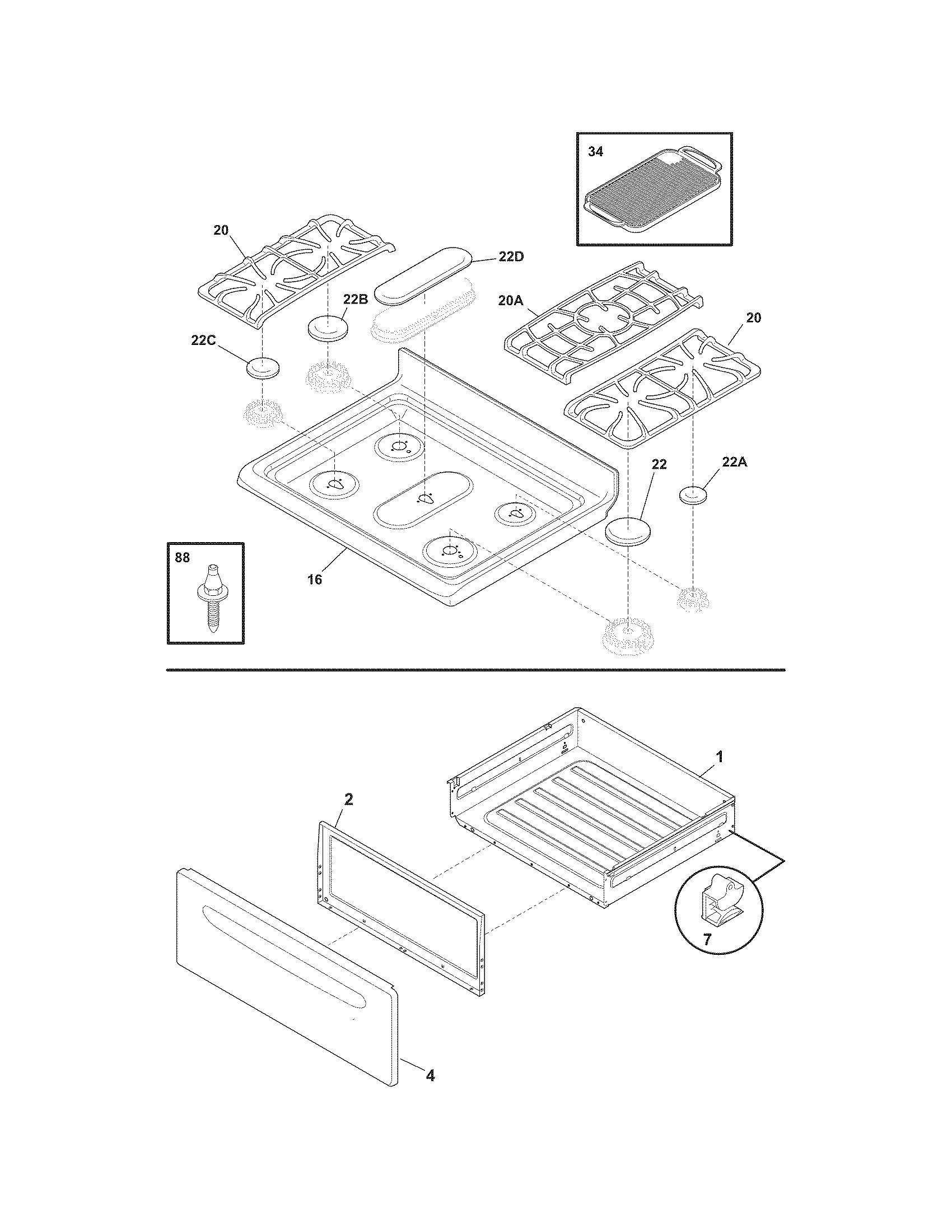Frigidaire GLGF389GBG top/drawer diagram