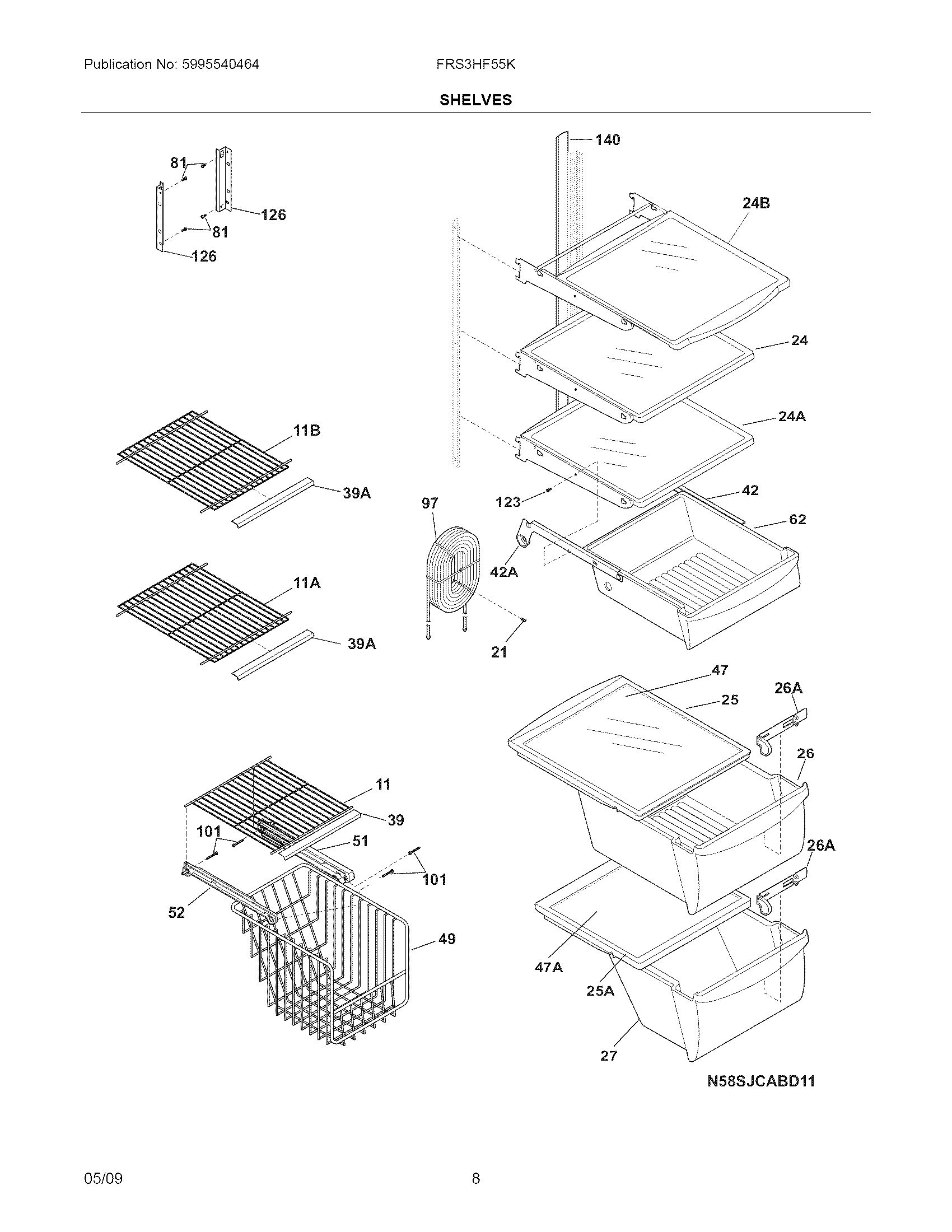 Frigidaire FRS3HF55KW0 shelves diagram