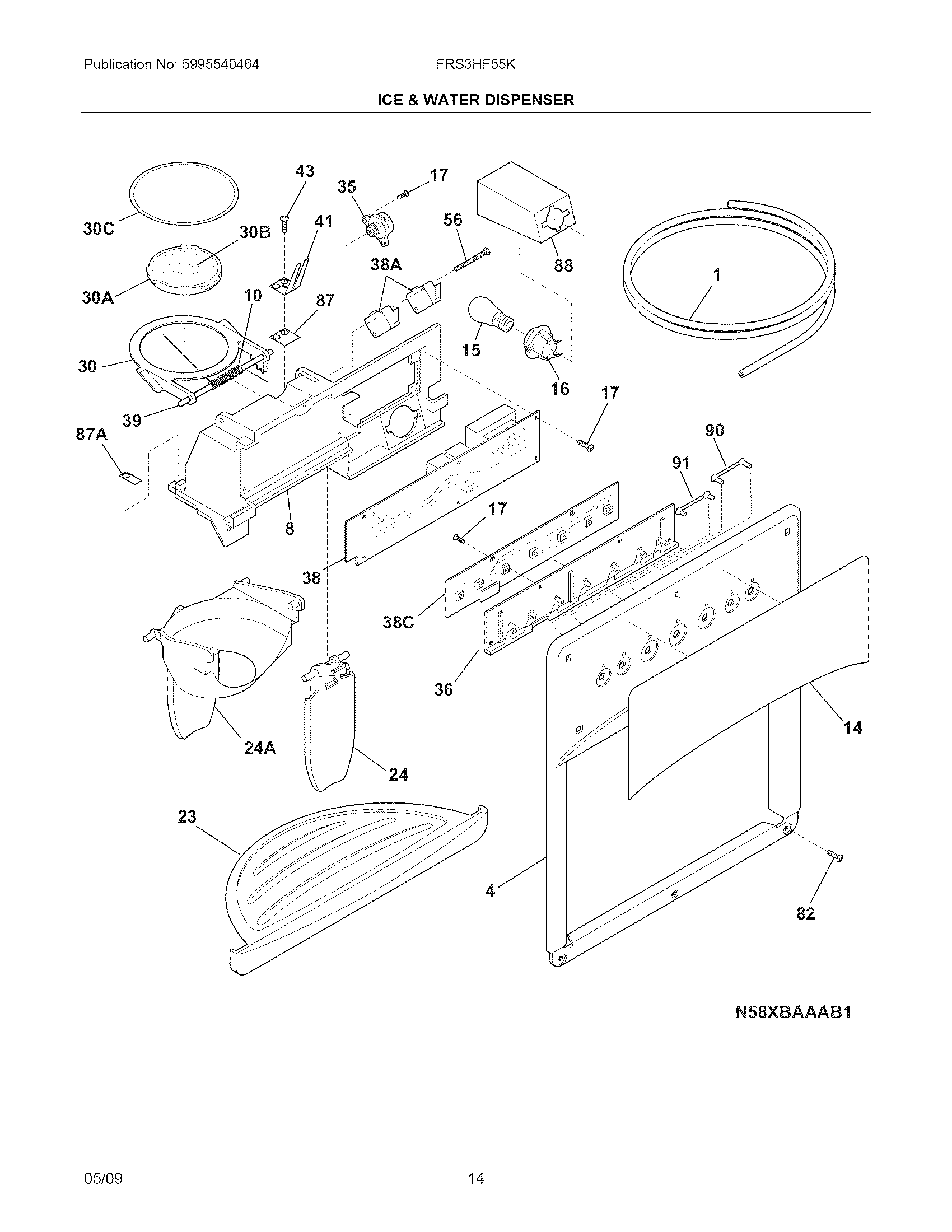 Frigidaire FRS3HF55KW0 ice & water dispenser diagram