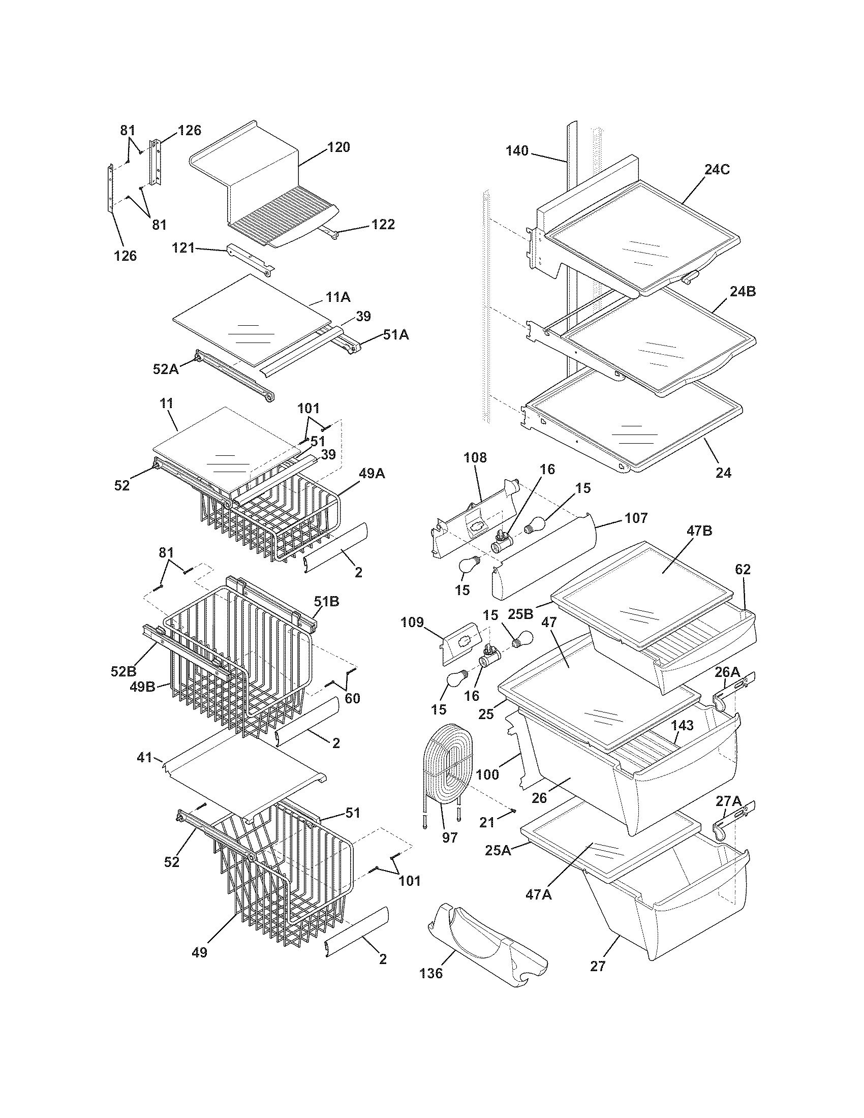 Frigidaire GHSC39EJPB2 shelves diagram