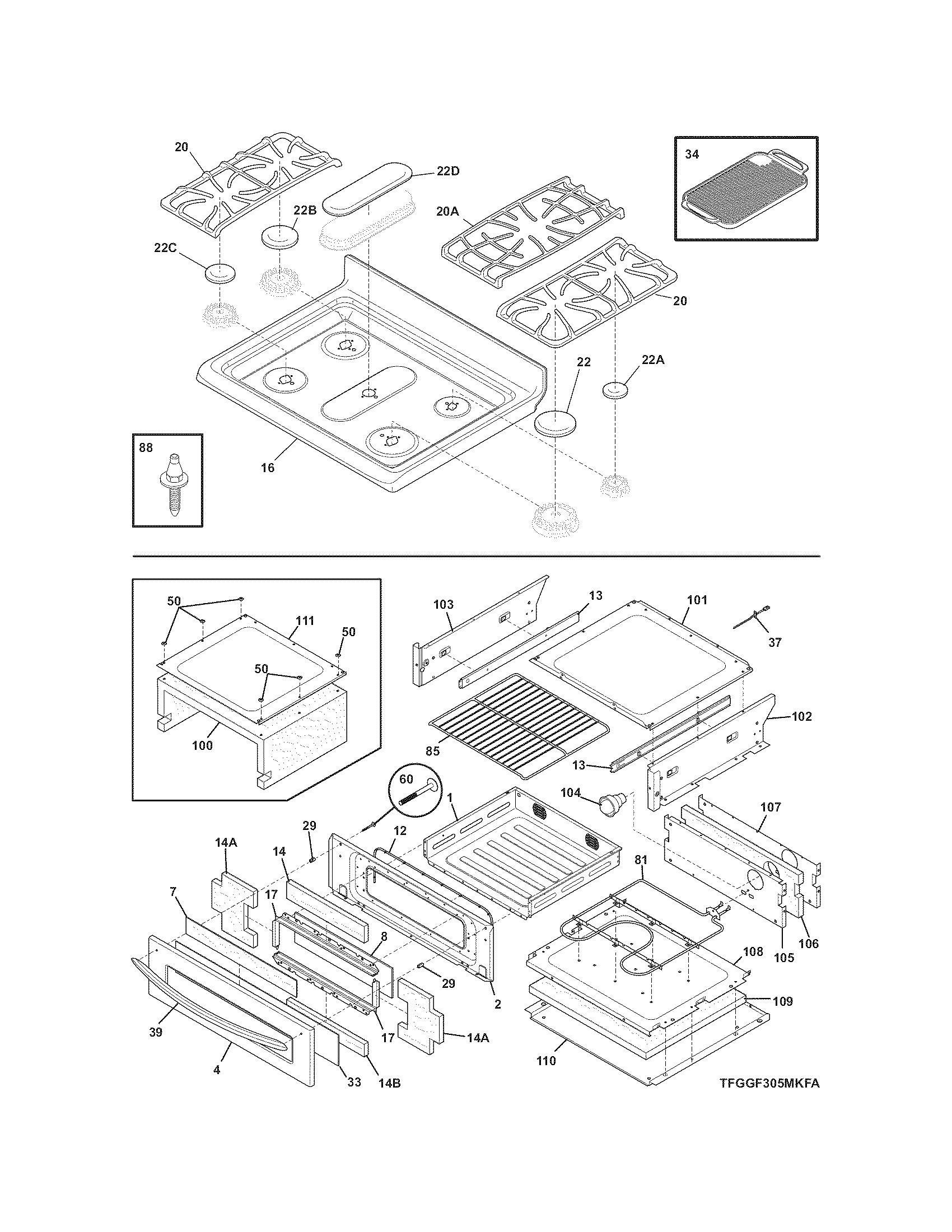 Frigidaire LGGF305MKFA top/drawer diagram