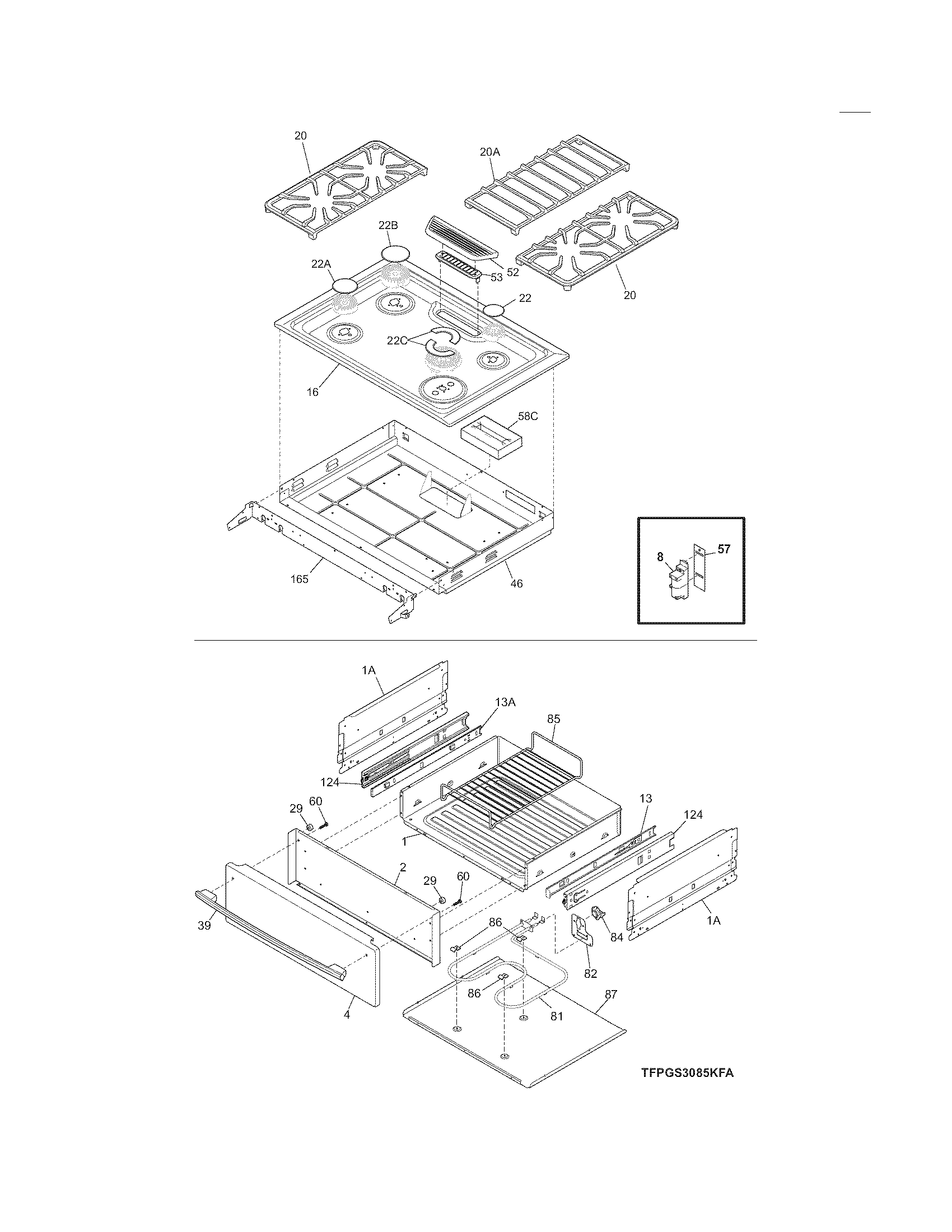 Frigidaire FPGS3085KFA top/drawer diagram