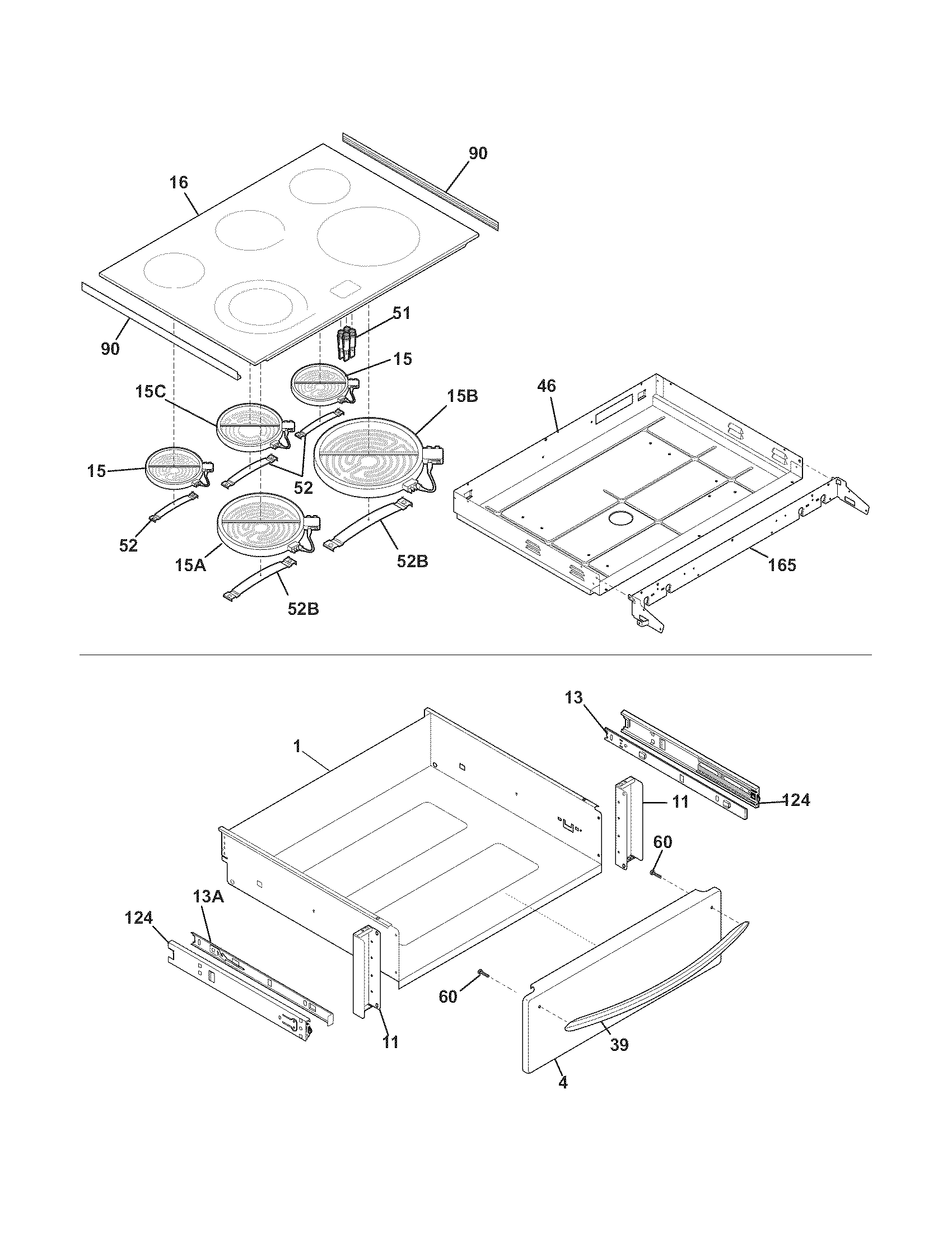 Frigidaire FGES3045KFA top/drawer diagram