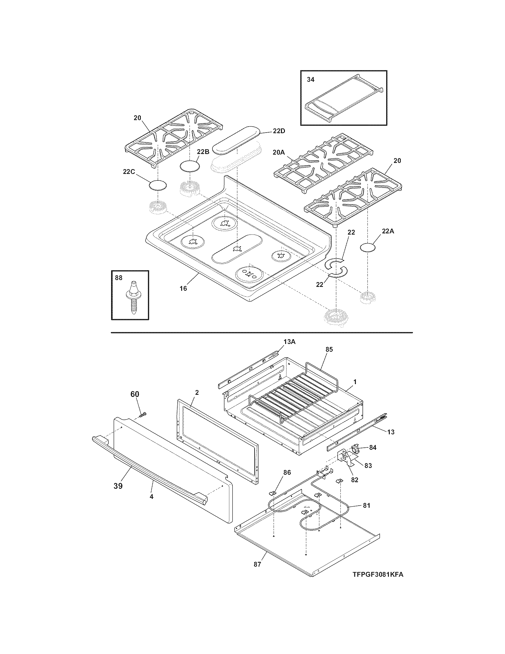 Frigidaire LPGF3091KSA top/drawer diagram