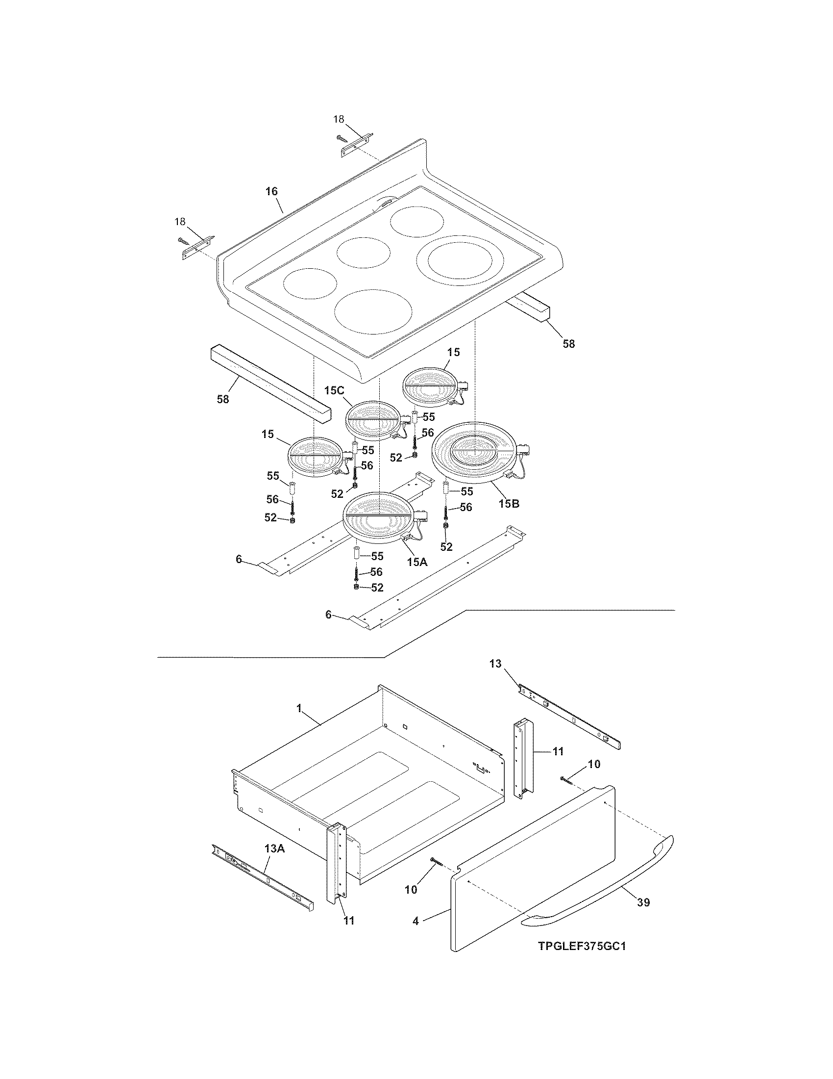 Frigidaire PGLEF375GC4 top/drawer diagram