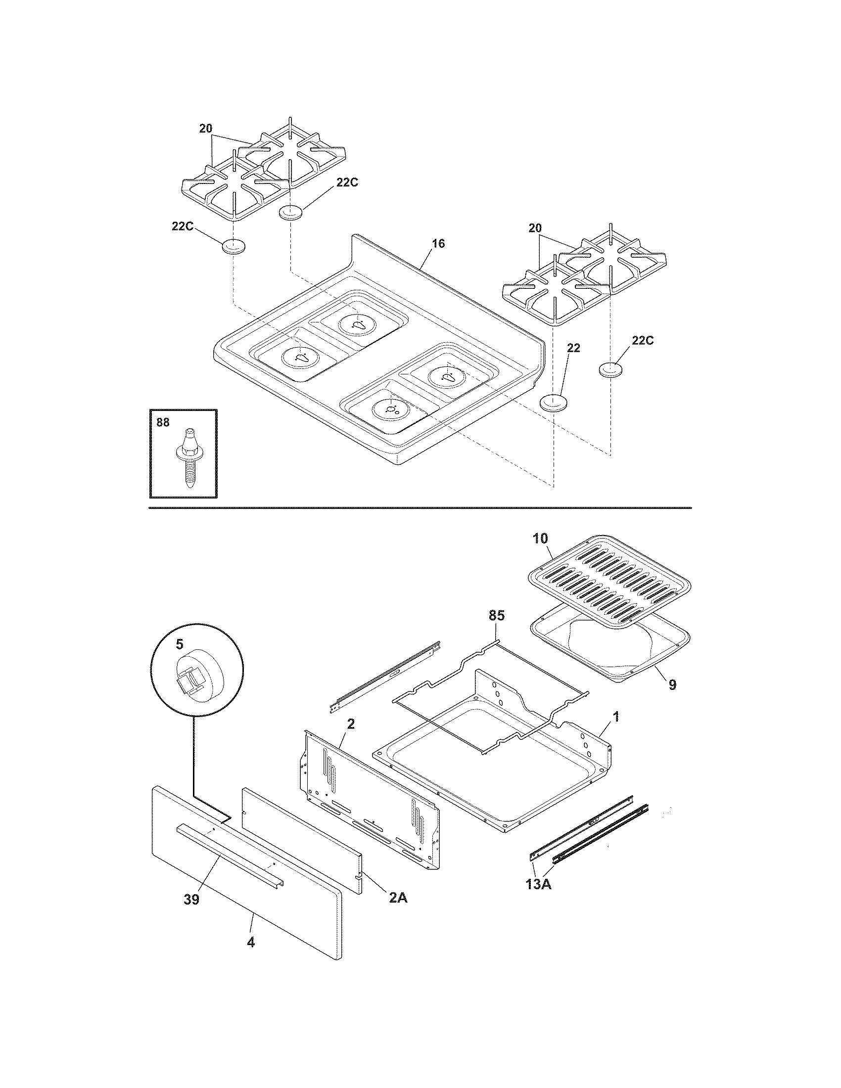 Frigidaire FGF328GBH top/drawer diagram