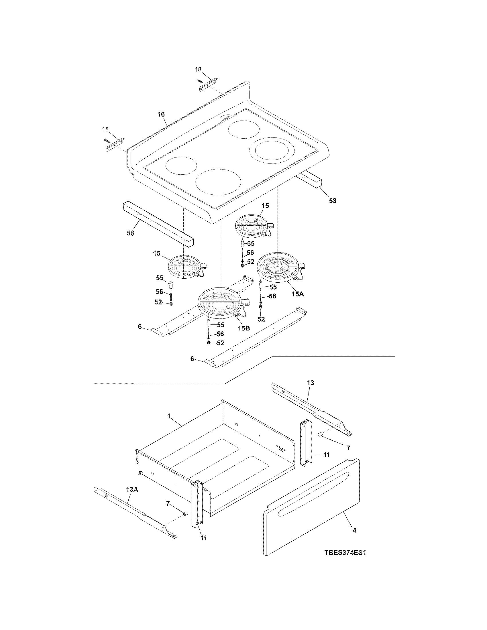 Frigidaire PFEF374ES5 top/drawer diagram