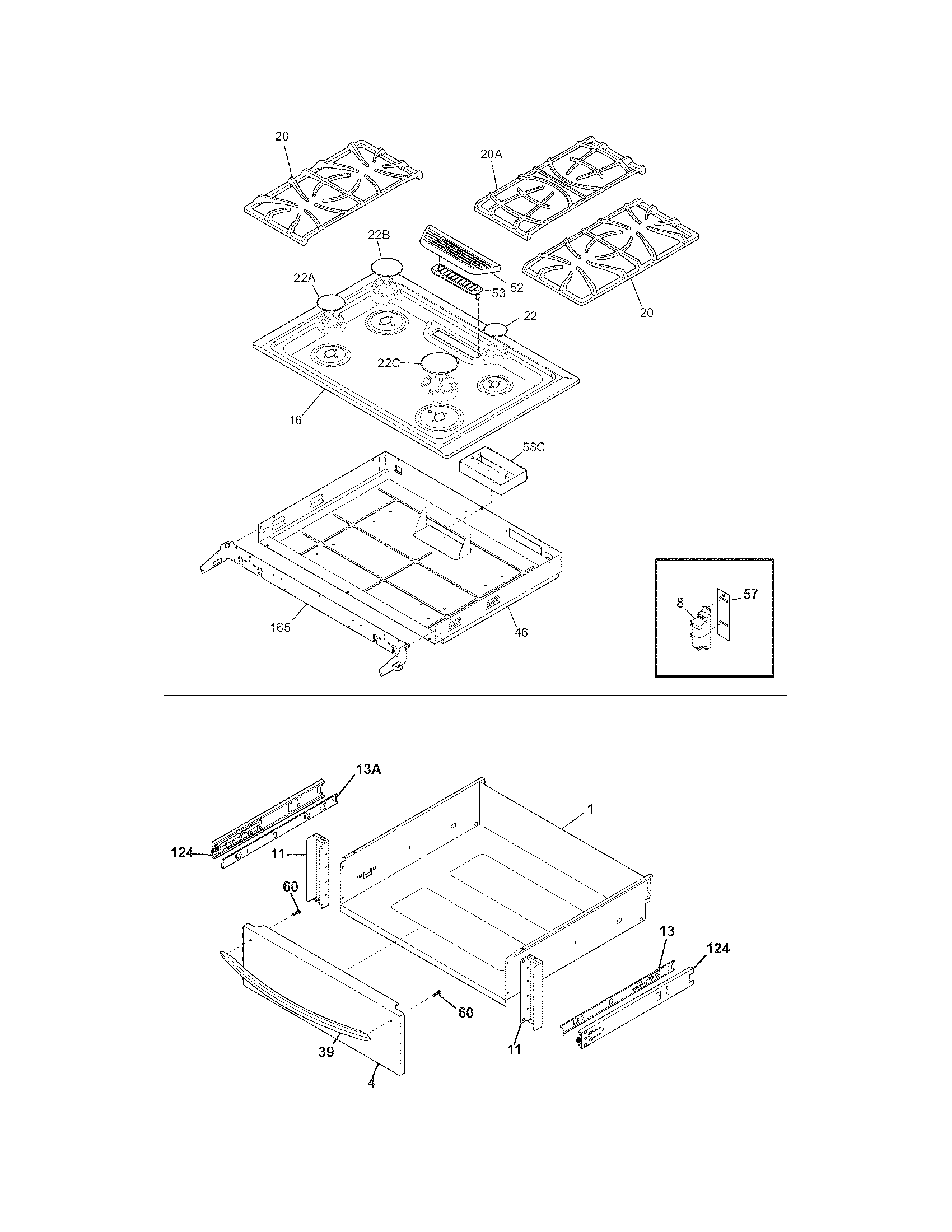 Frigidaire FGGS3045KFA top/drawer diagram