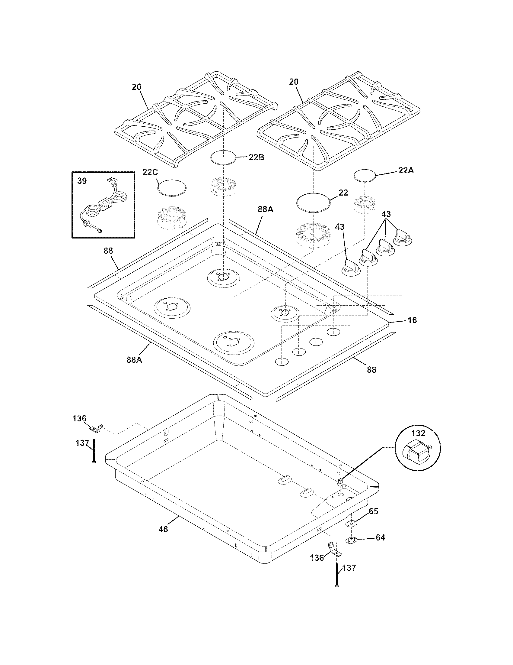 Frigidaire FGGC3045KBA maintop diagram