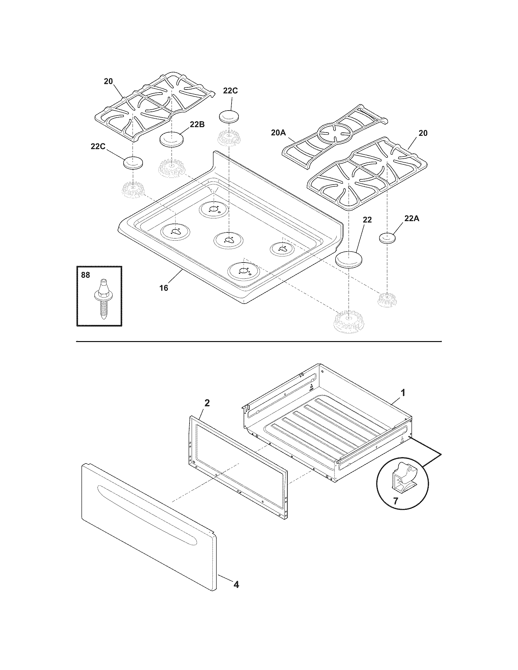 Frigidaire CGLGF386GSD top/drawer diagram